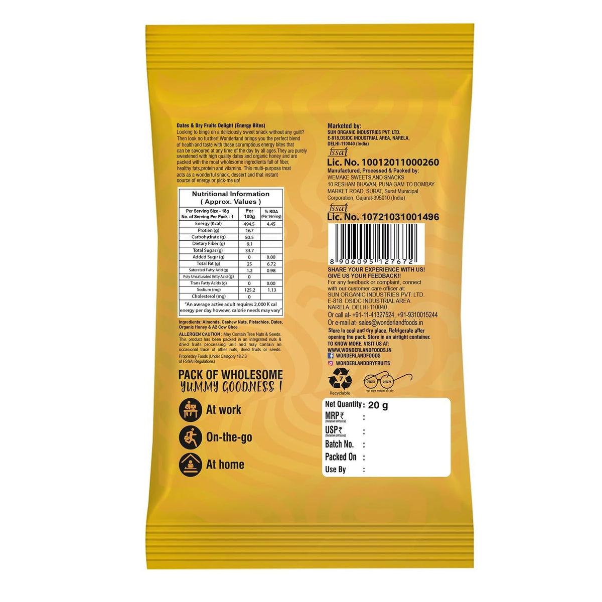 Wonderland foods 20g premium dates & dry fruits delight dates bite