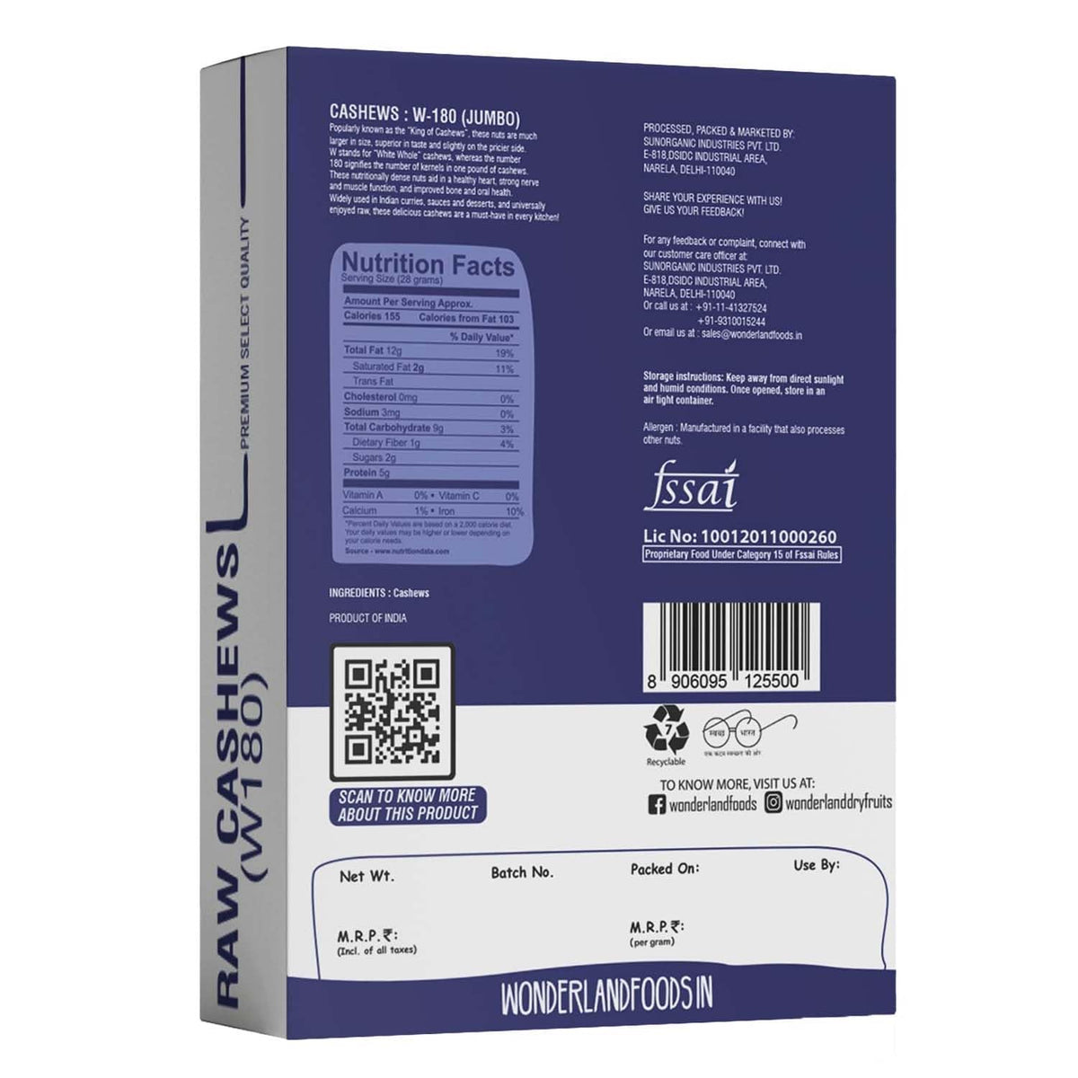 Wonderland foods 500g grandeur premium cashews (kaju) w180 grade box