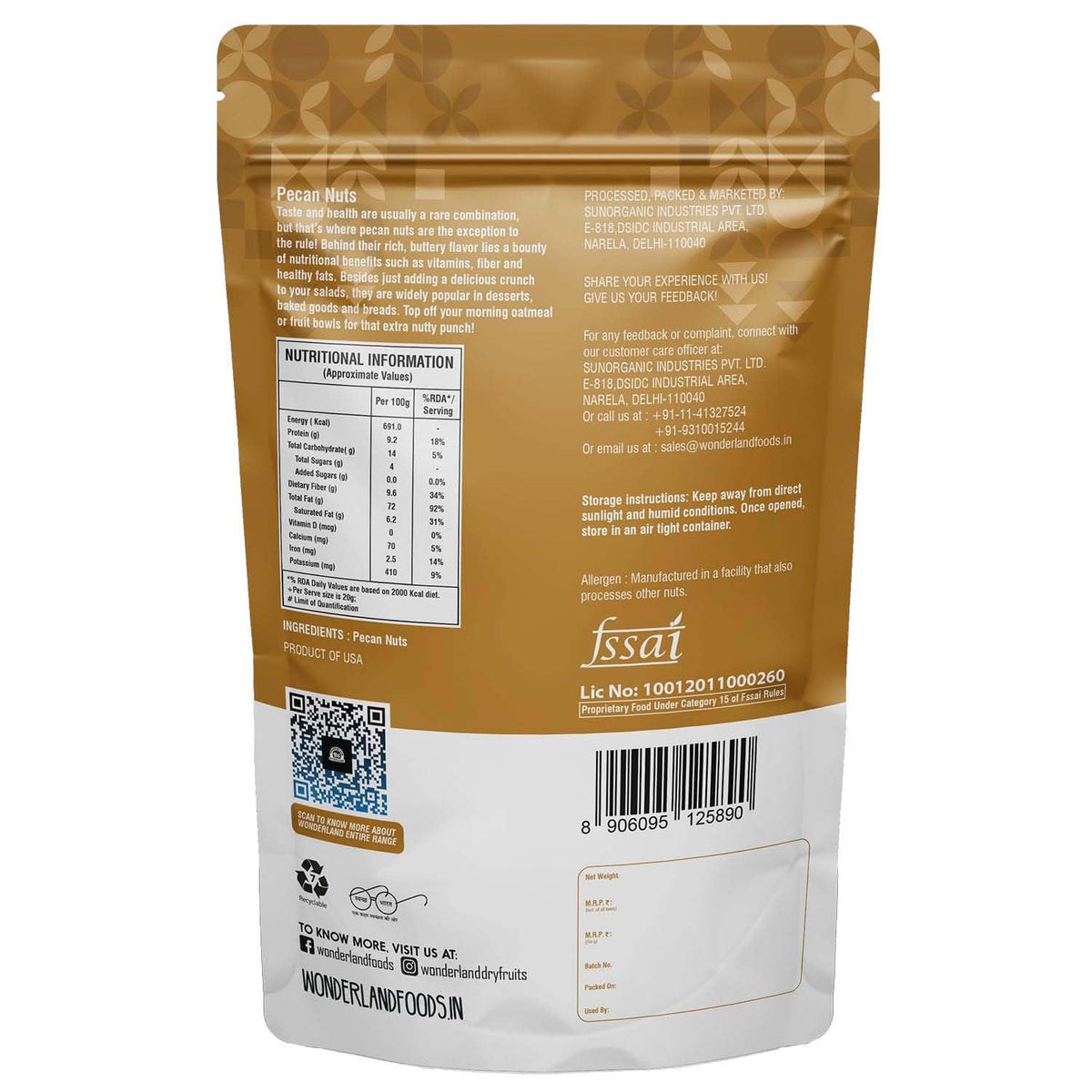 Wonderland foods 200g grandeur premium pecan nuts pouch