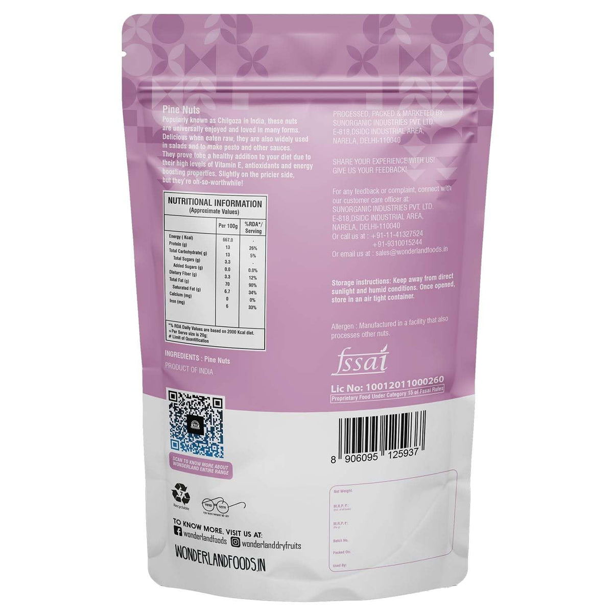 Wonderland foods 200g grandeur premium pine nuts pouch