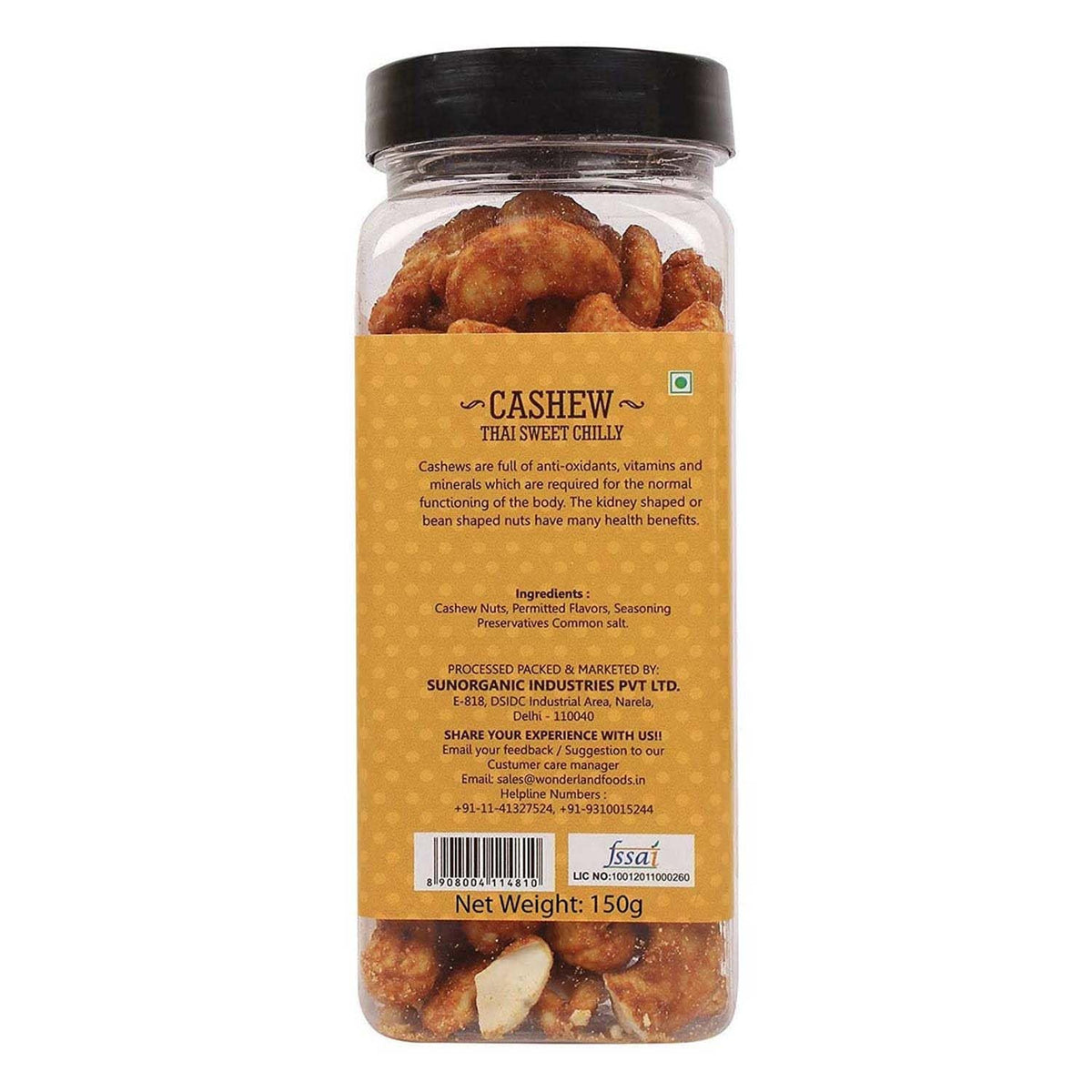 Wonderland foods 150g thai sweet chilly flavoured cashew (kaju) jar