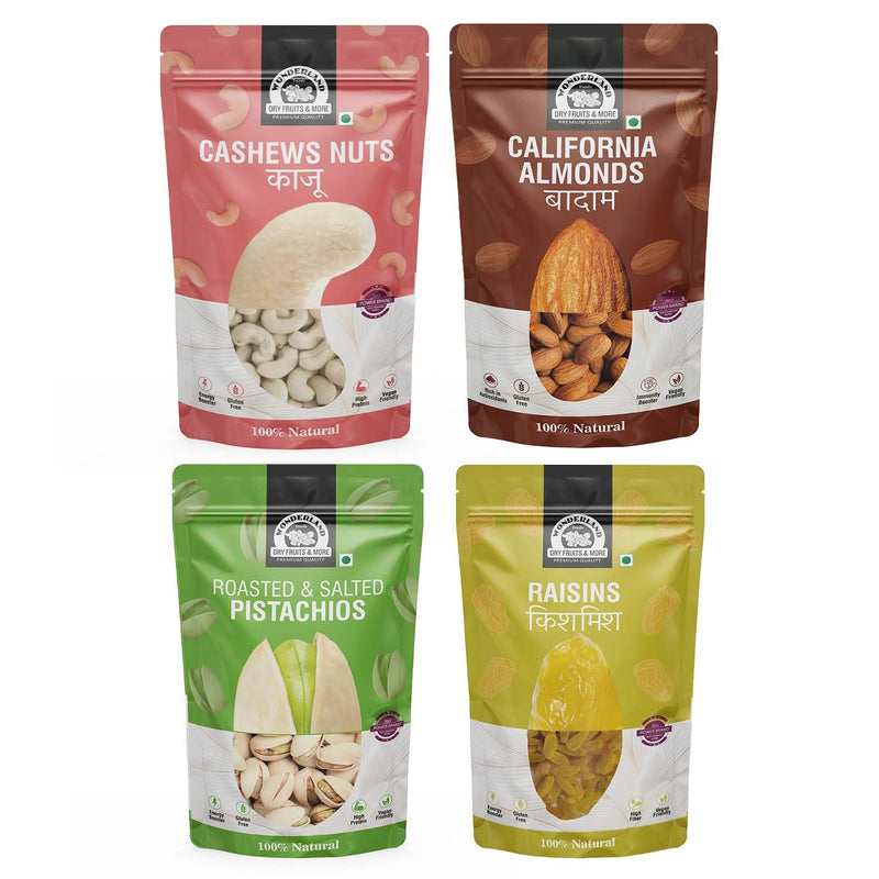 Wonderland Foods 1Kg (250g X 4) Dry Fruits Combo of NP Almonds, Cashews W320, Long Green Raisin, Roasted Salted Pistachios