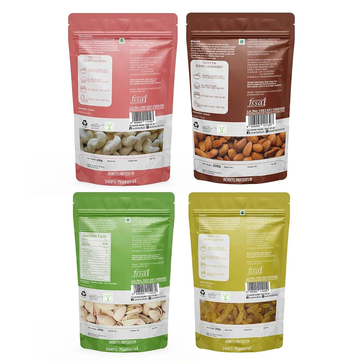 Wonderland foods 1kg (250g x 4) dry fruits combo of np almonds, cashews w320, long green raisin, roasted salted pistachios
