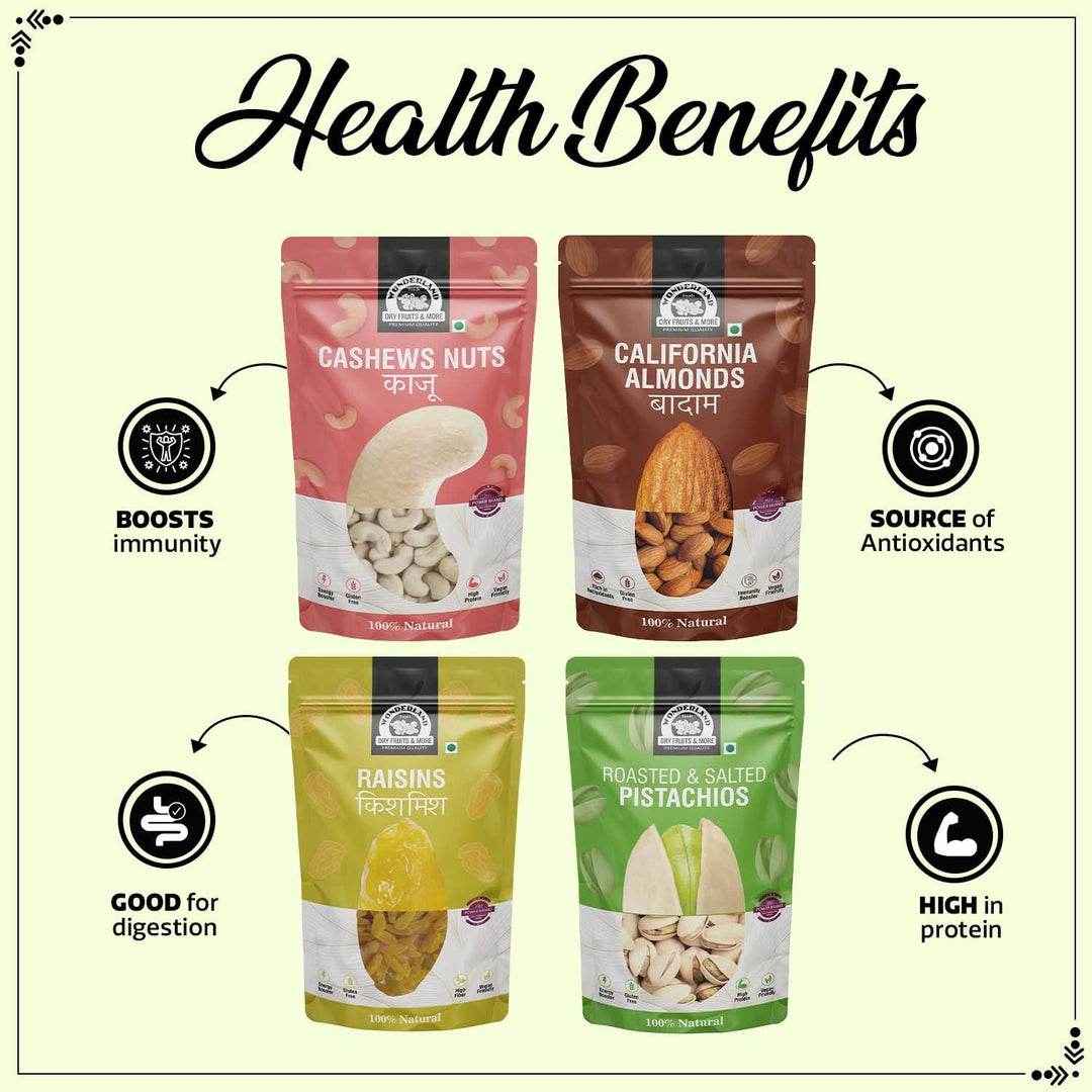Wonderland Foods 1Kg (250g X 4) Dry Fruits Combo of NP Almonds, Cashews W320, Long Green Raisin, Roasted Salted Pistachios