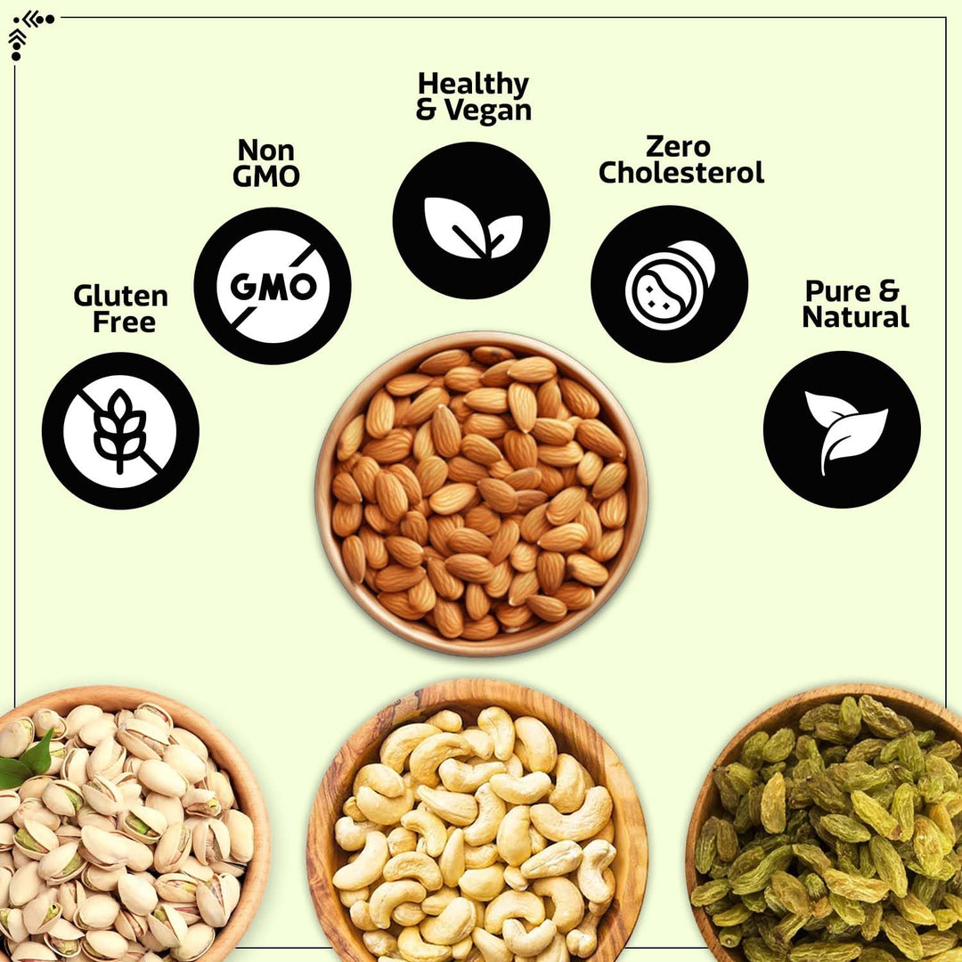 Wonderland Foods 1Kg (250g X 4) Dry Fruits Combo of NP Almonds, Cashews W320, Long Green Raisin, Roasted Salted Pistachios