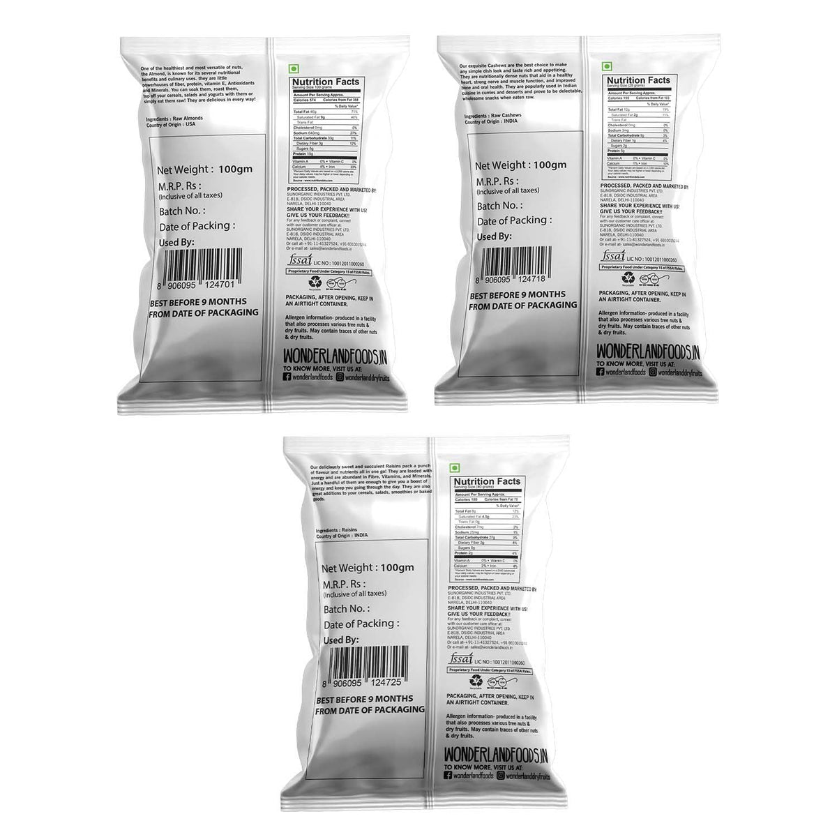 Wonderland foods 300g (100g x 3) dry fruits combo raw almonds, cashews & raisins pouch