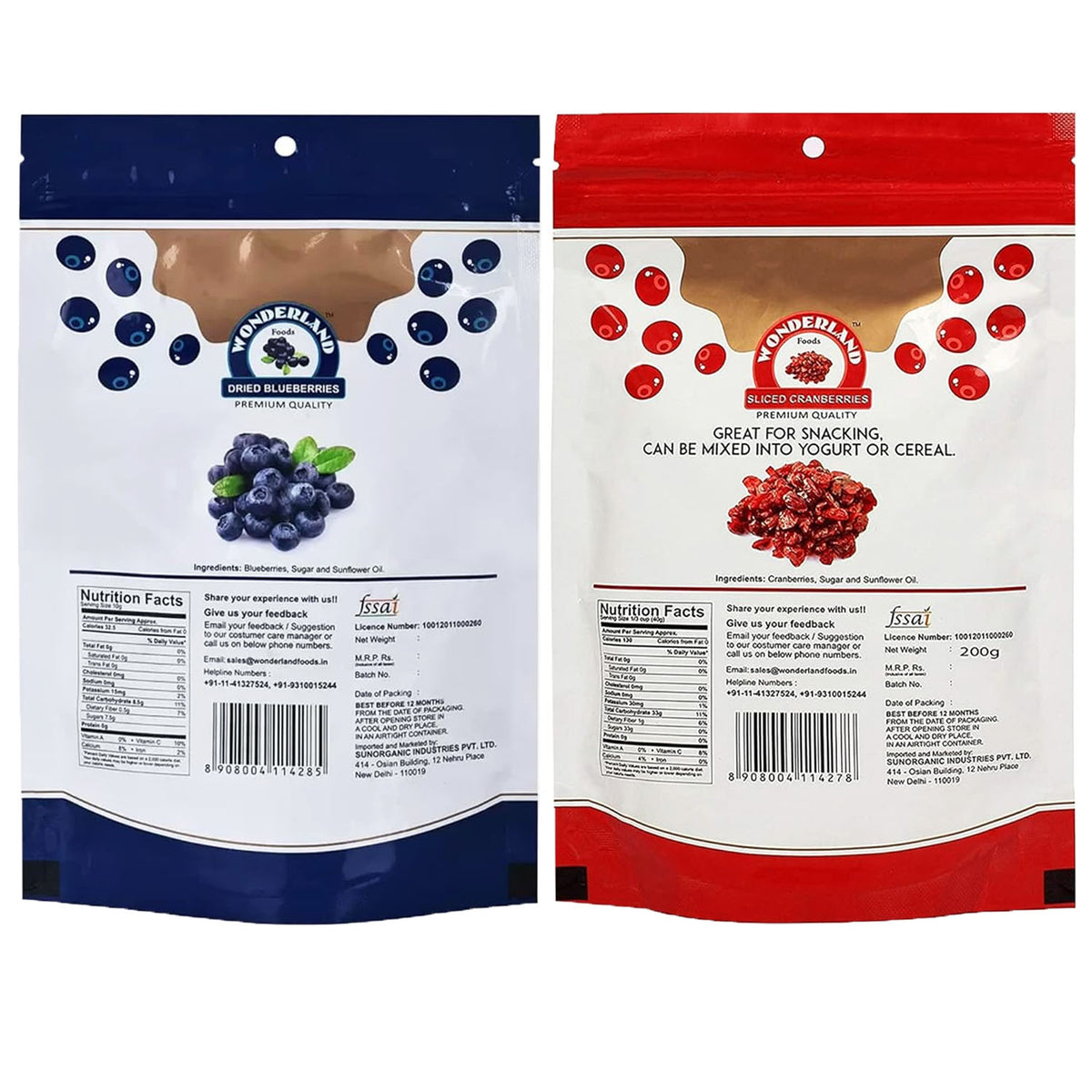 Wonderland foods 350g premium berries combo sliced cranberries 200g & blueberries 150g