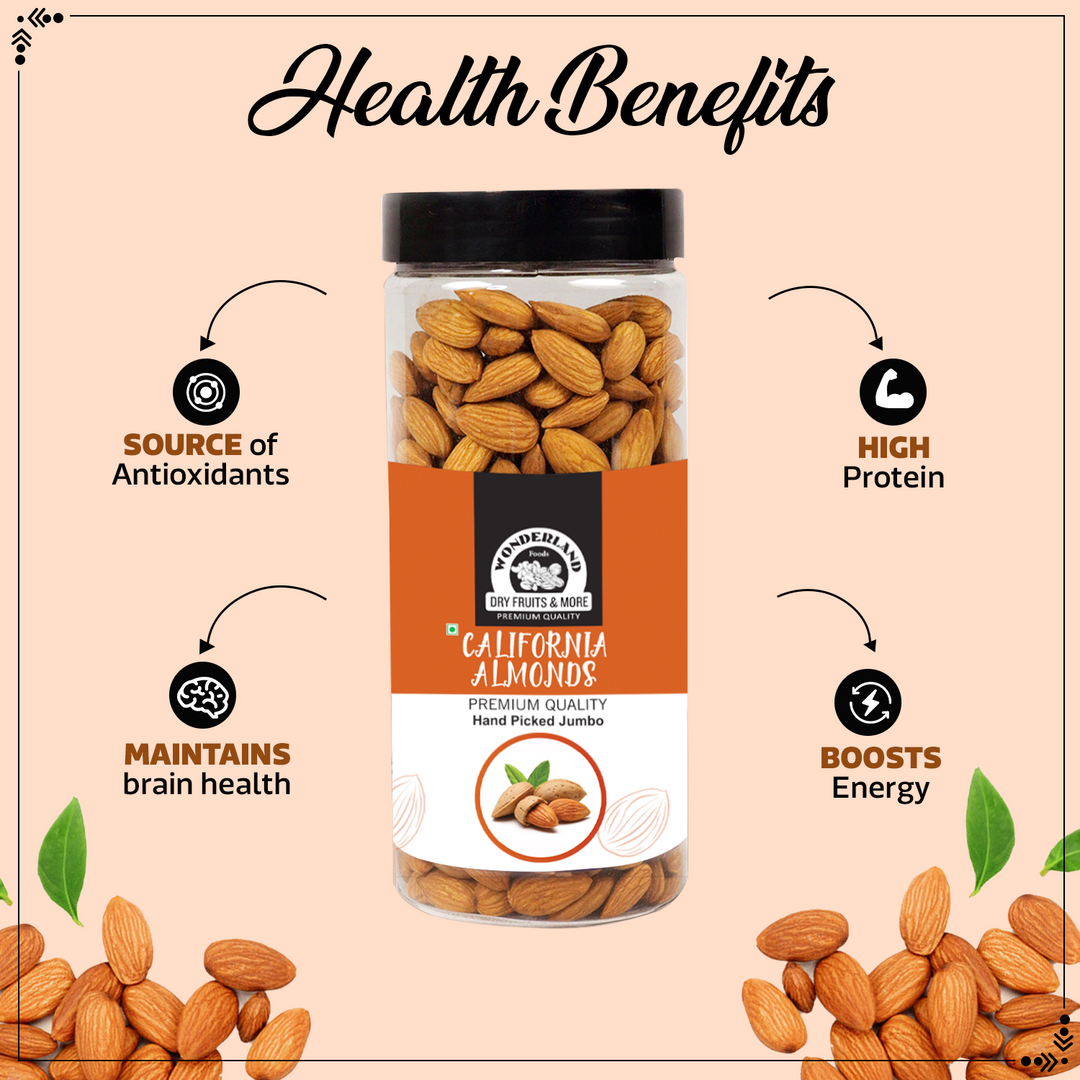 Wonderland Foods 1Kg (500g X 2) California Hand Picked Bold Almond (Badam) Jar