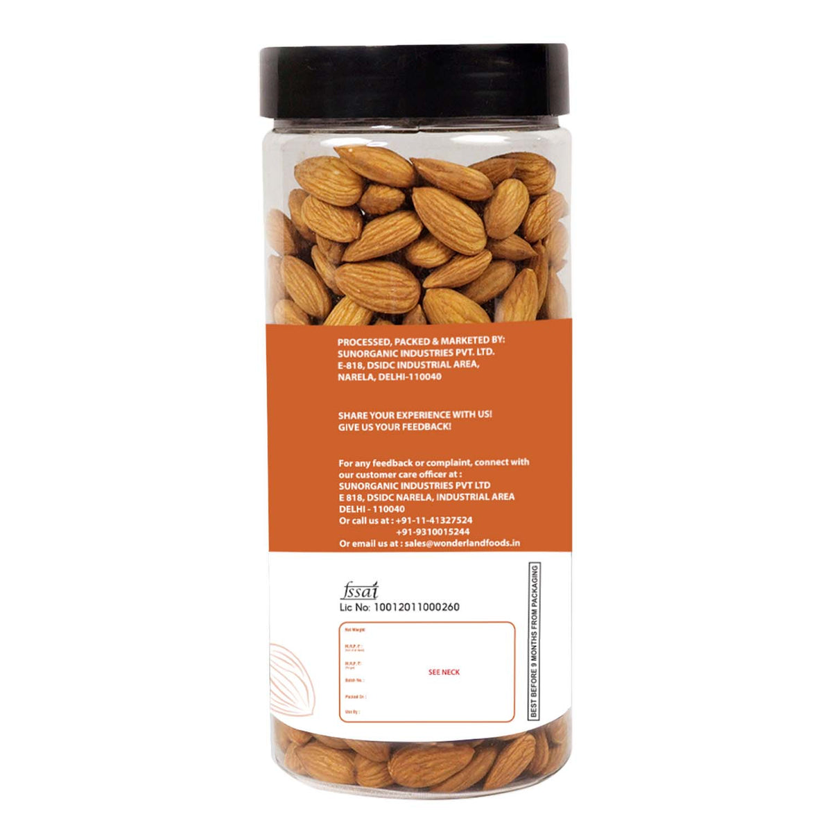 Wonderland foods 500g california hand picked bold almond (badam) jar