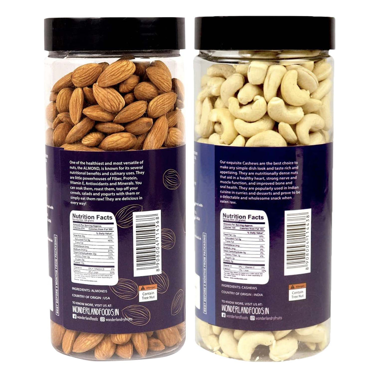 Wonderland foods 1kg (500g x 2) dry fruits combo of california almonds (np) & cashews w320 jar