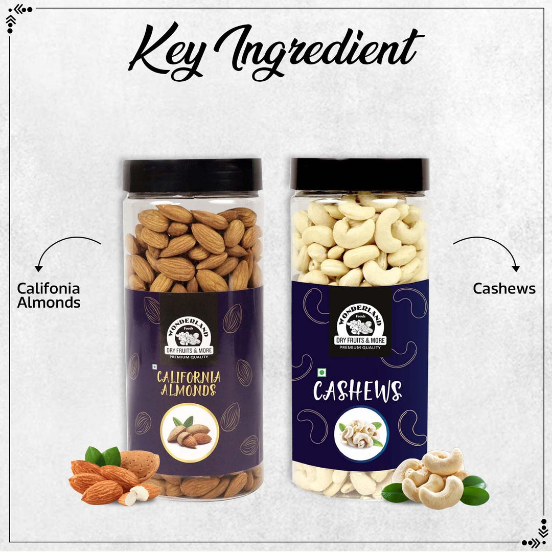 Wonderland Foods 1Kg (500g X 2) Dry Fruits Combo of California Almonds (NP) & Cashews W320 Jar
