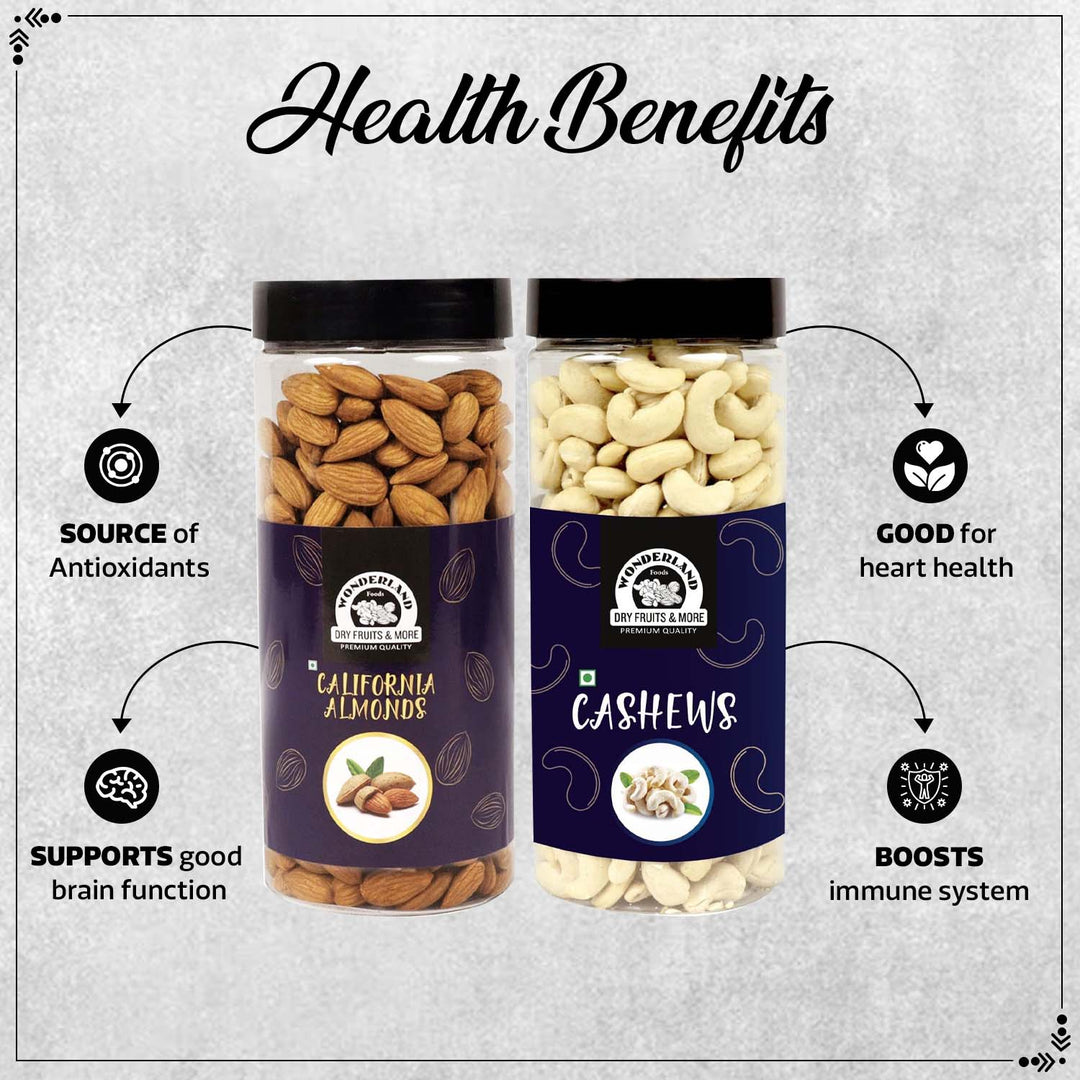 Wonderland Foods 1Kg (500g X 2) Dry Fruits Combo of California Almonds (NP) & Cashews W320 Jar