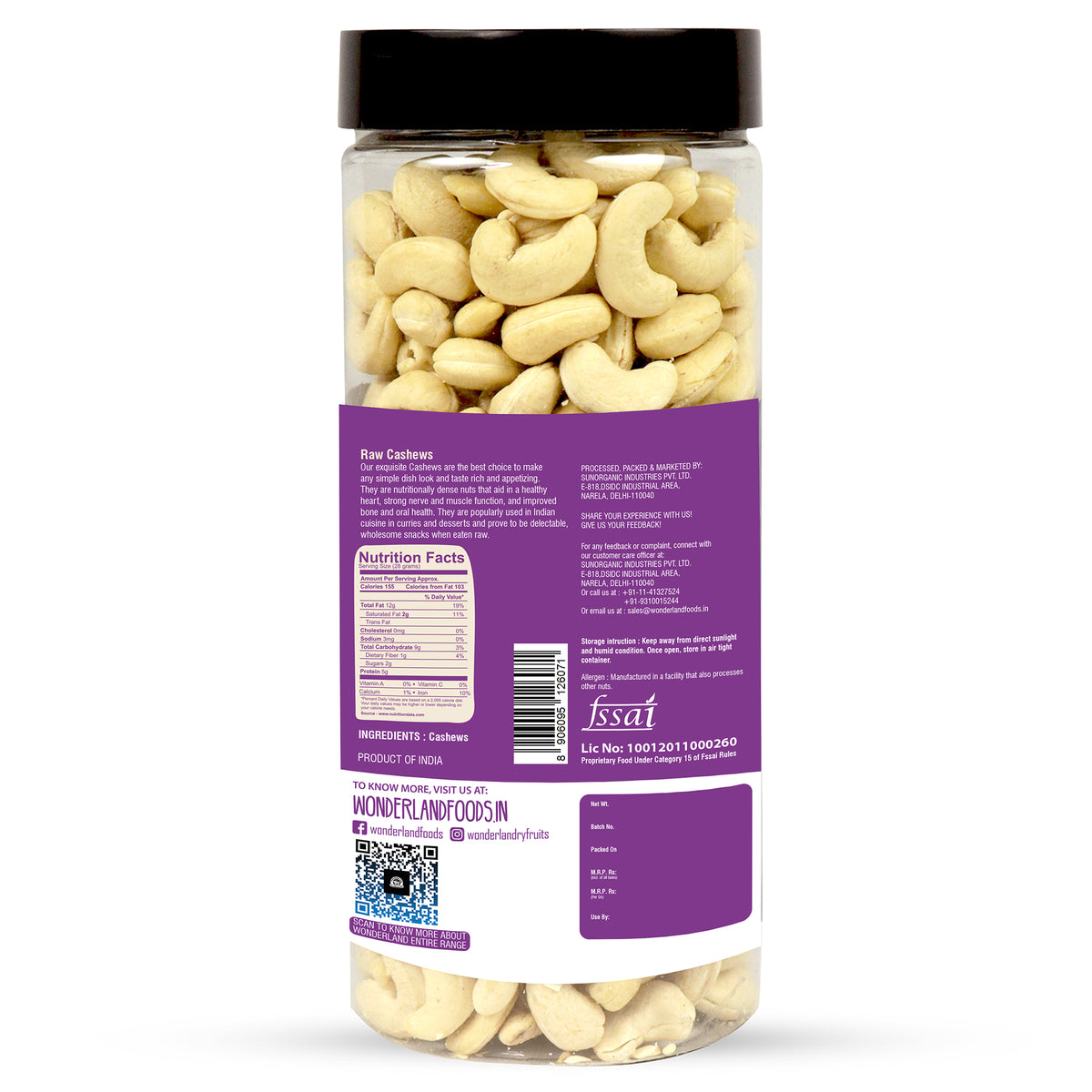 Wonderland foods 500g premium cashews (kaju) w180 grade jar