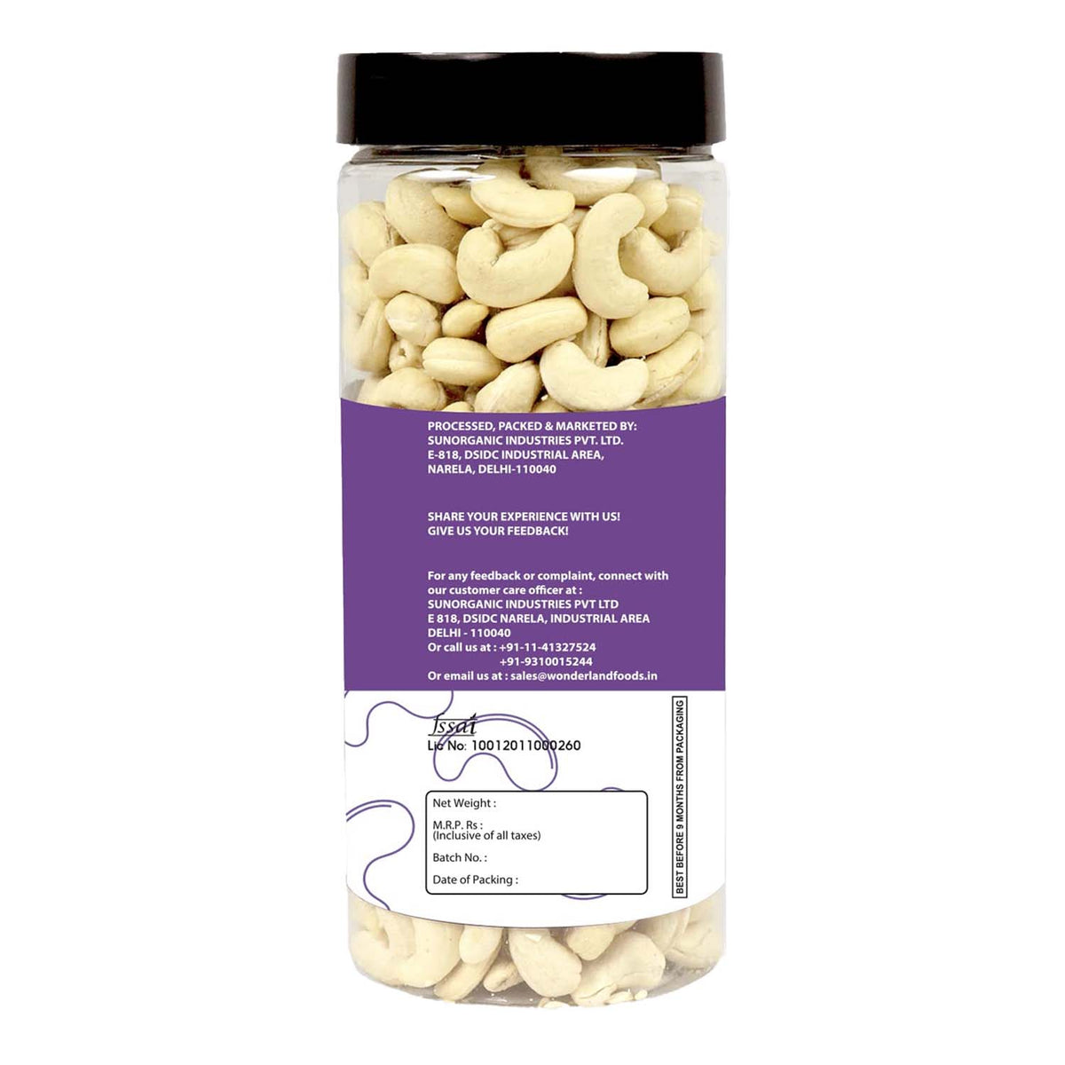 Wonderland foods 500g cashew (kaju) w240 grade jar