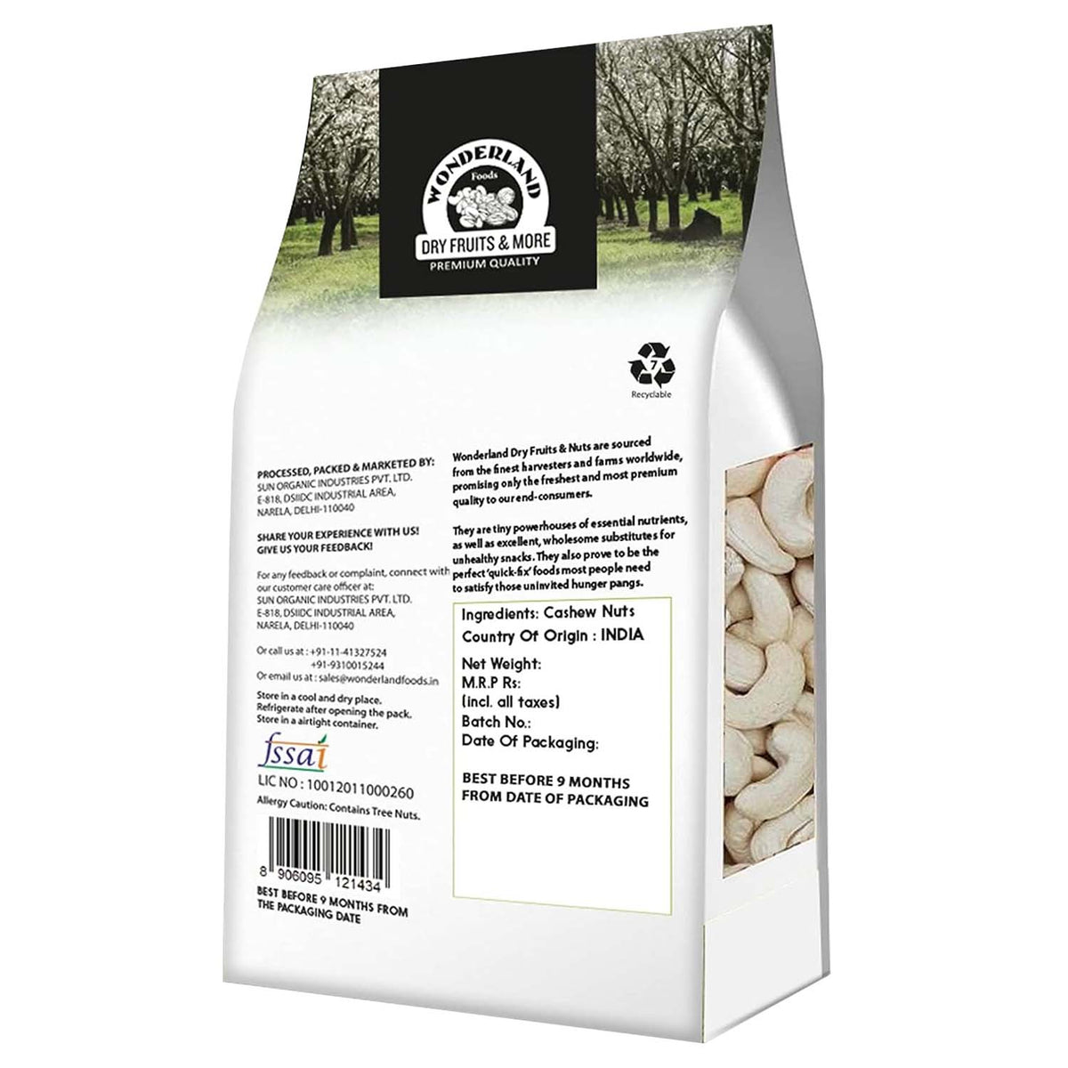 Wonderland foods 1kg raw cashew w 320 grade pouch