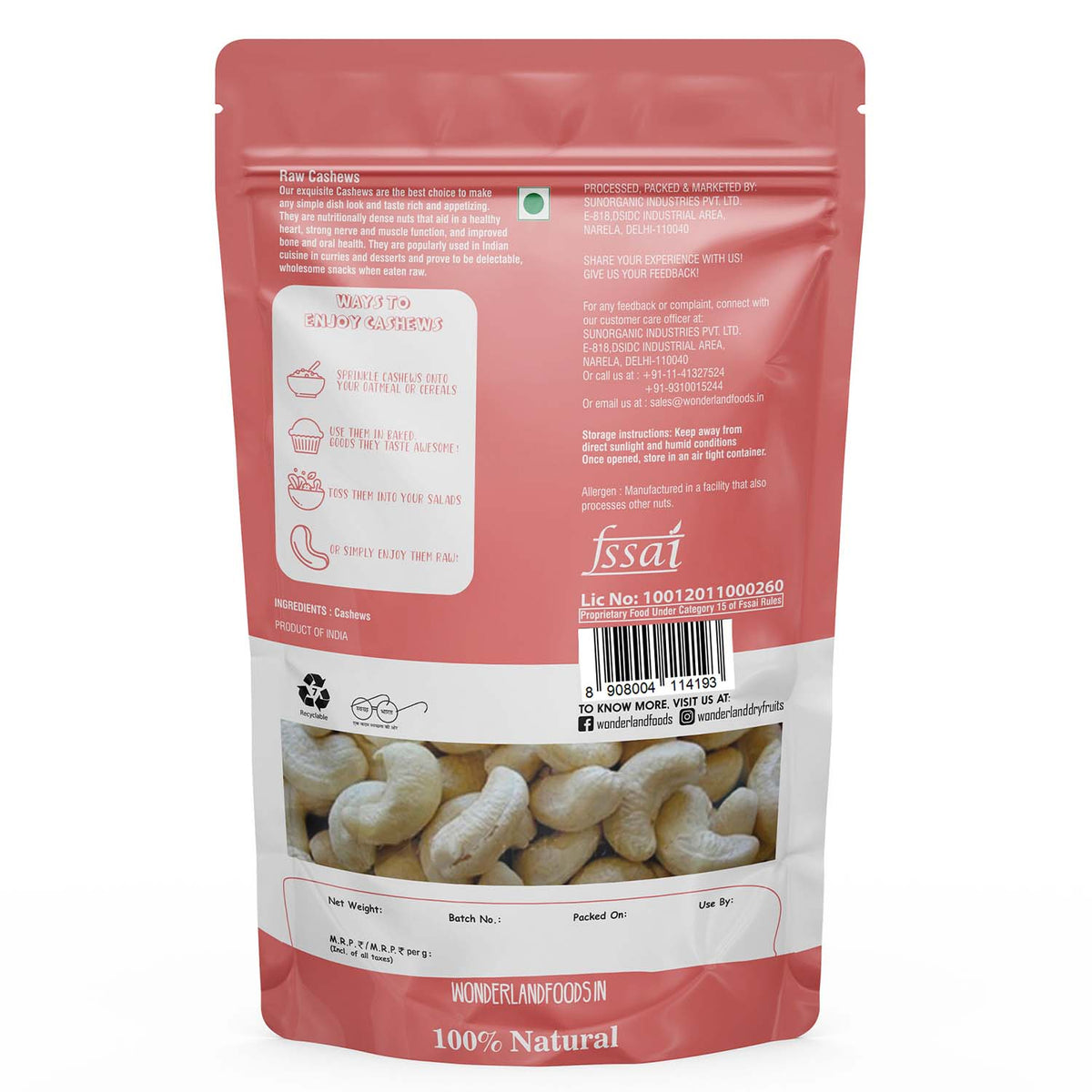 Wonderland foods 200g raw cashew (kaju) w320 grade pouch