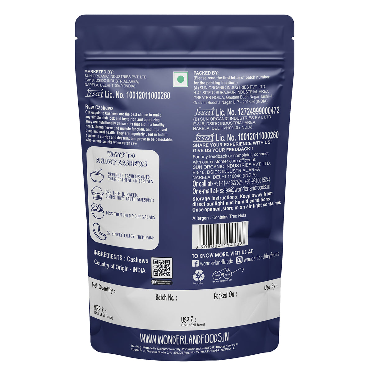 Wonderland foods 500g whole raw cashew (kaju) w320 grade pouch