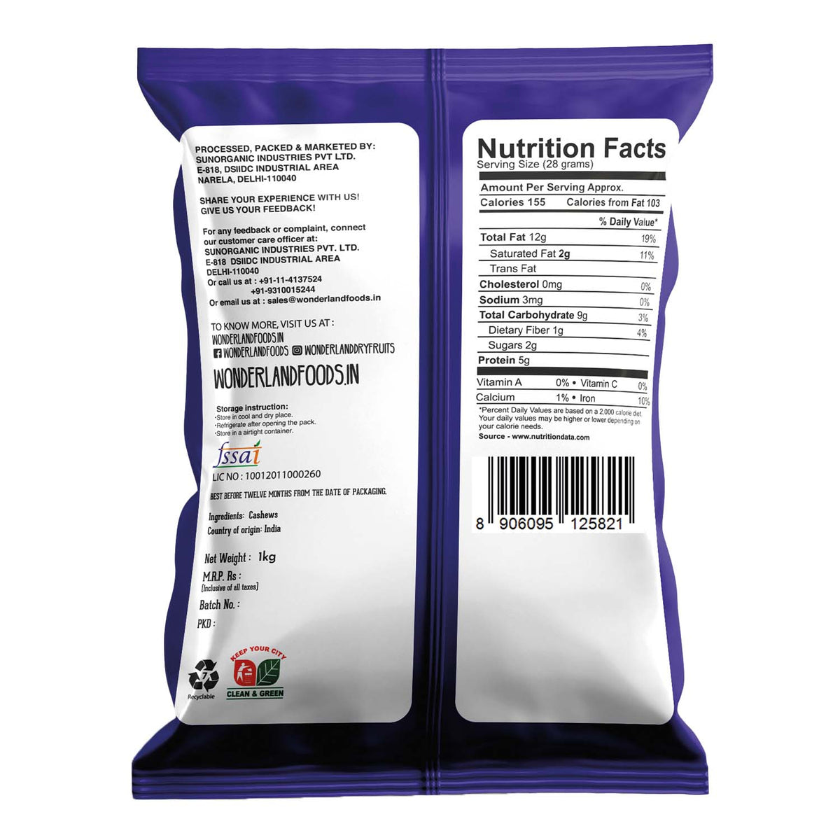 Wonderland foods 1kg value cashew (kaju) w400 grade pouch