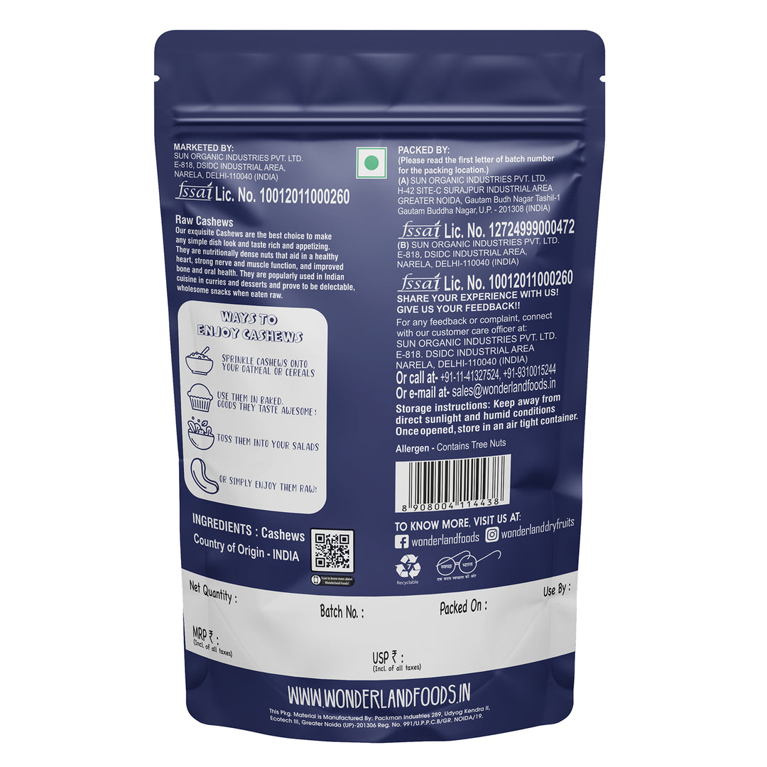 Wonderland Foods 500g Value Cashew (Kaju) W400-Grade Pouch