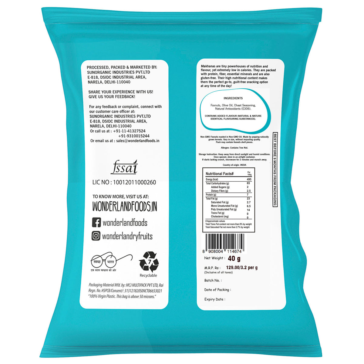 Wonderland foods 40g chaat masala makhana (foxnut) pouch