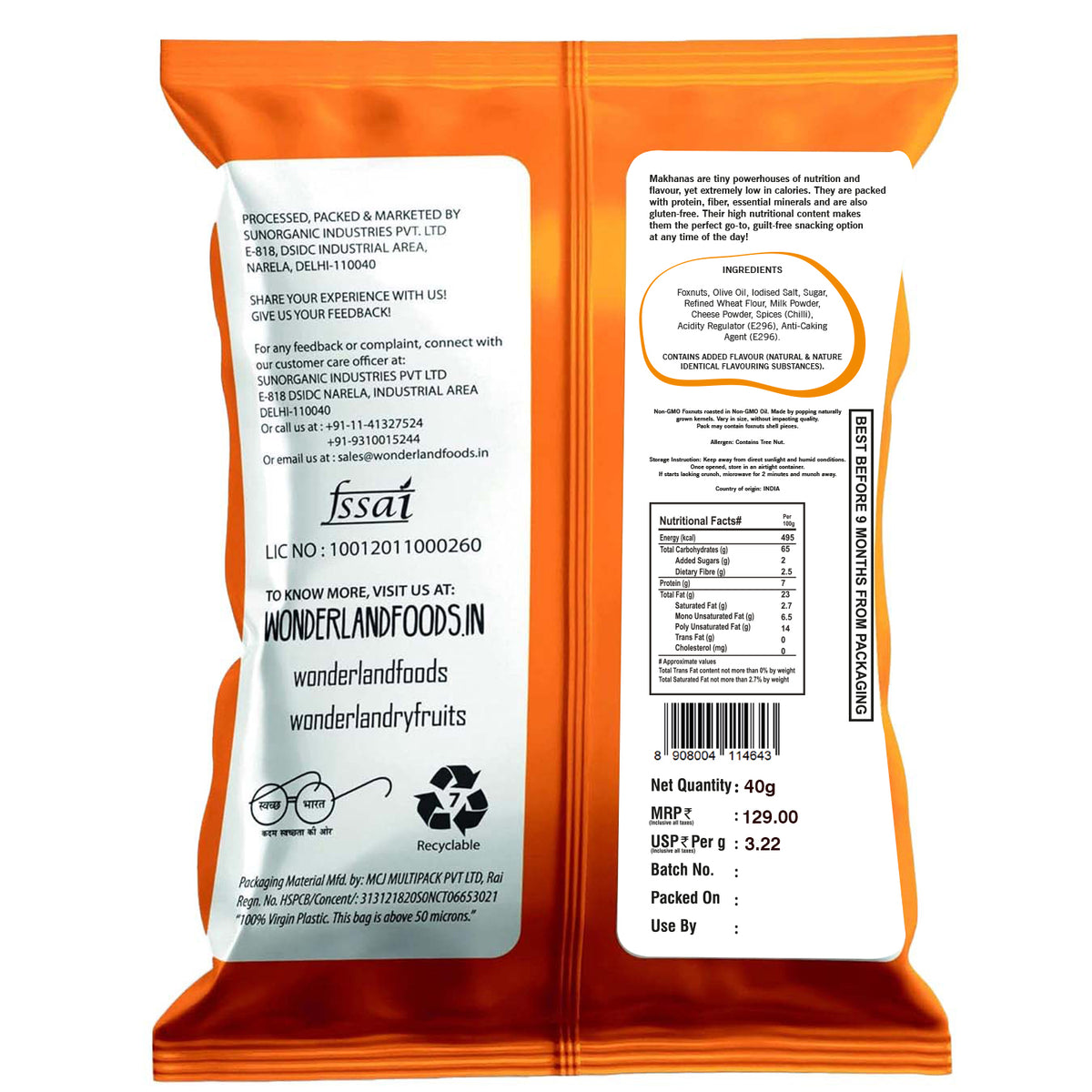 Wonderland foods 40g cheese chilli makhana (foxnut) pouch