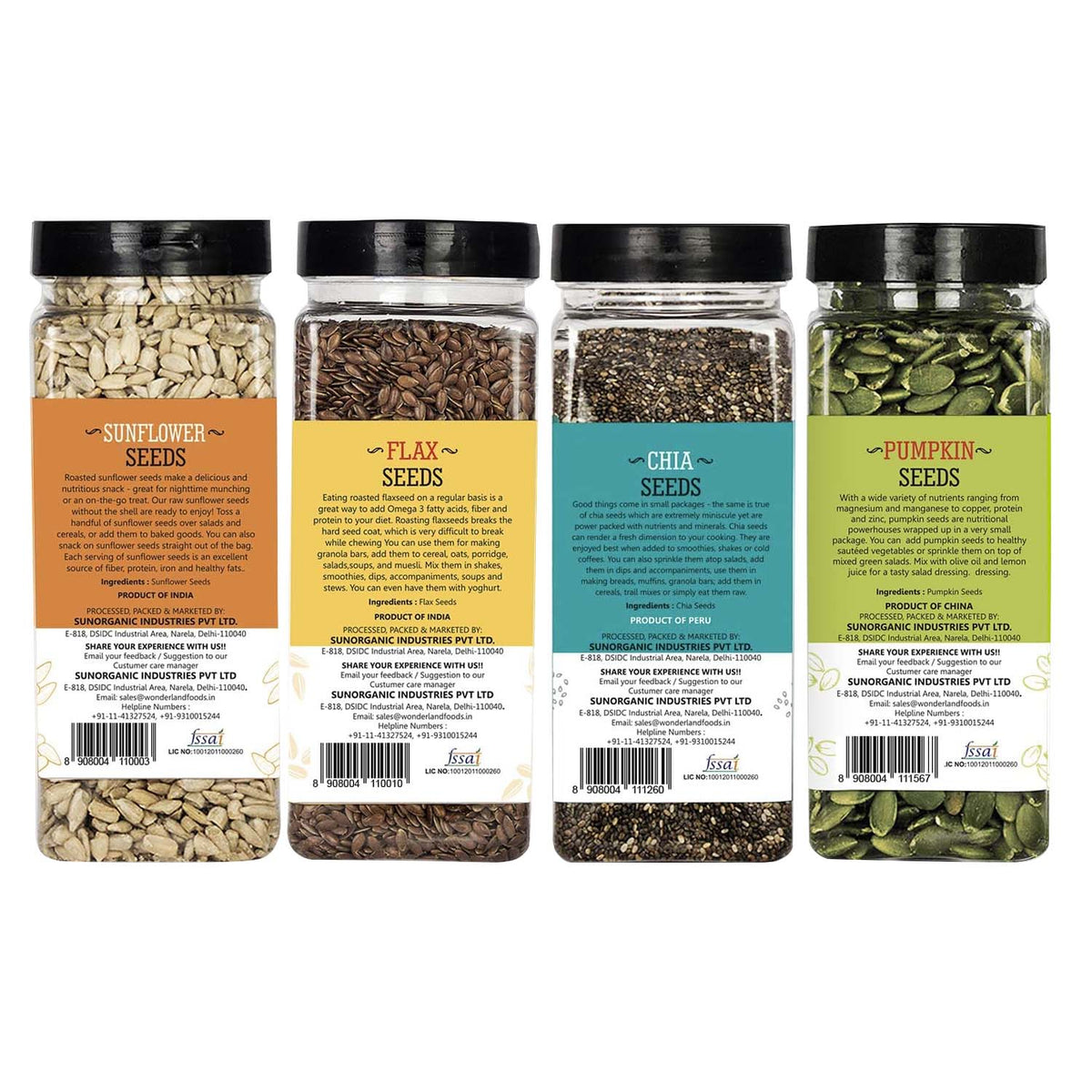 Wonderland foods 800g (200g x 4) 4 superseed combo lightly roasted chia, jumbo pumpkin, jumbo sunflower, flax seeds jar