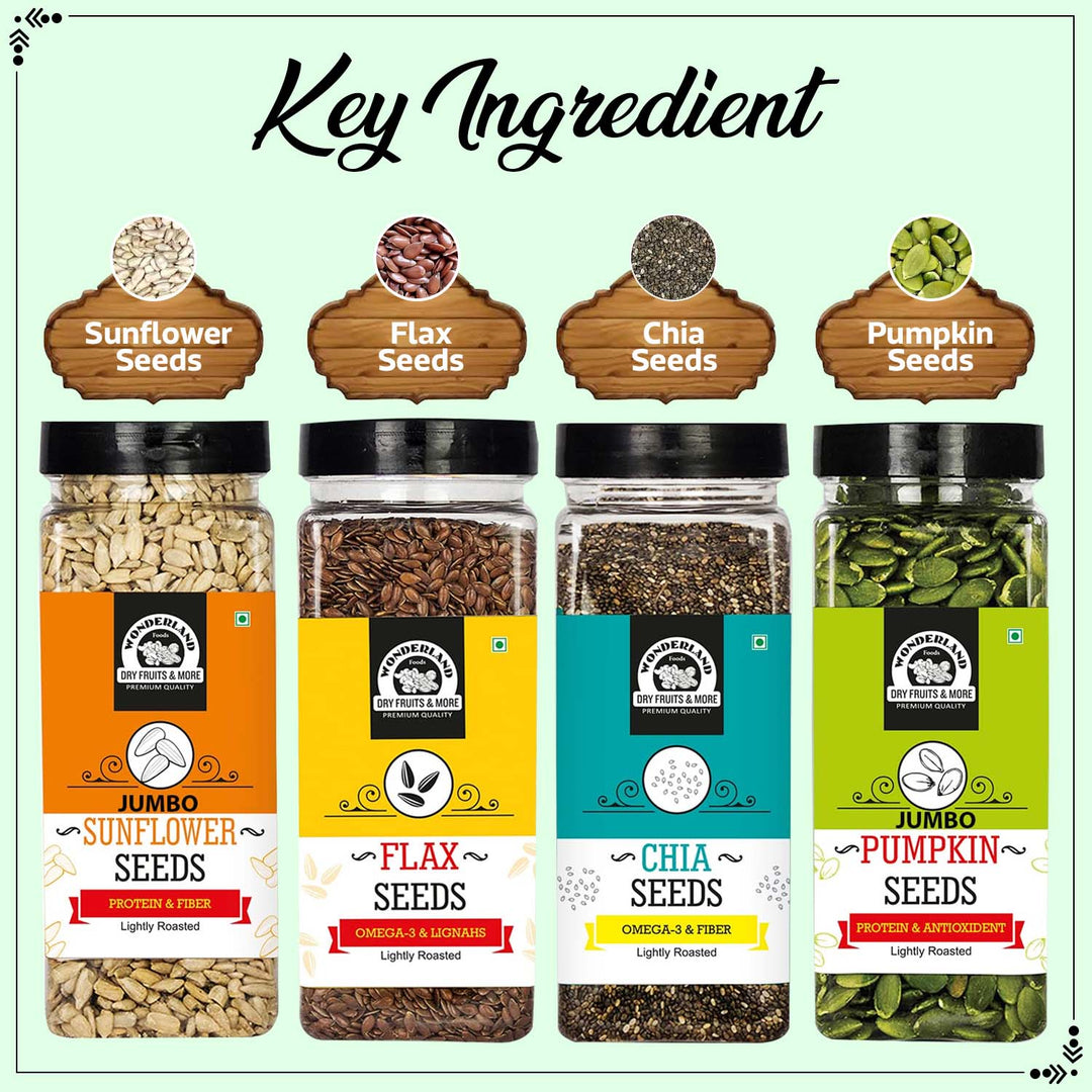 Wonderland Foods 800g (200g X 4) 4 Superseed Combo Lightly Roasted Chia, Jumbo Pumpkin, Jumbo SunFlower, Flax Seeds Jar