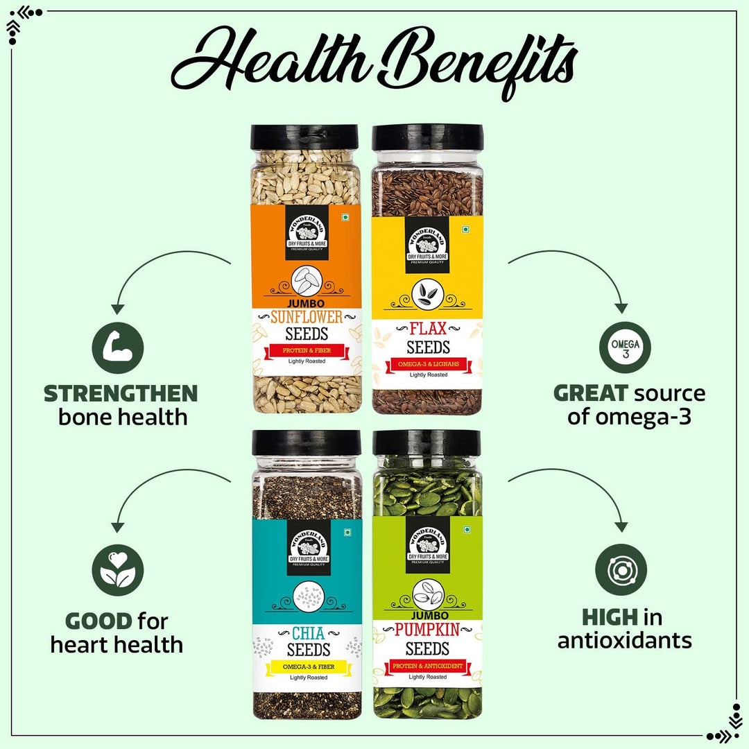 Wonderland Foods 800g (200g X 4) 4 Superseed Combo Lightly Roasted Chia, Jumbo Pumpkin, Jumbo SunFlower, Flax Seeds Jar