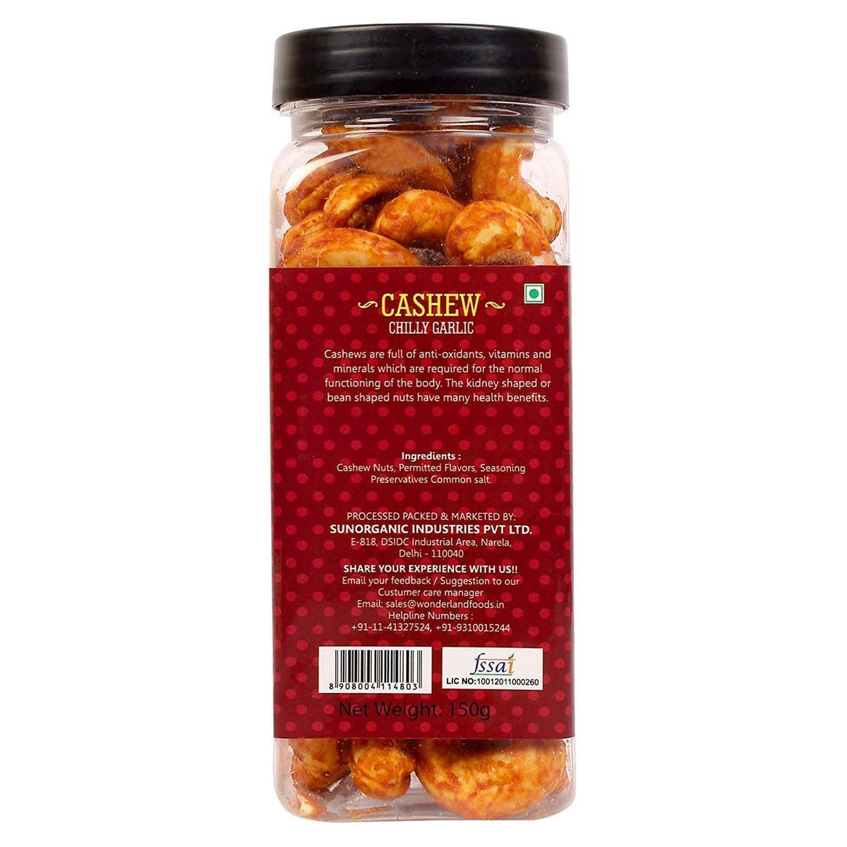 Wonderland foods 150g chilli garlic flavoured cashew (kaju) jar