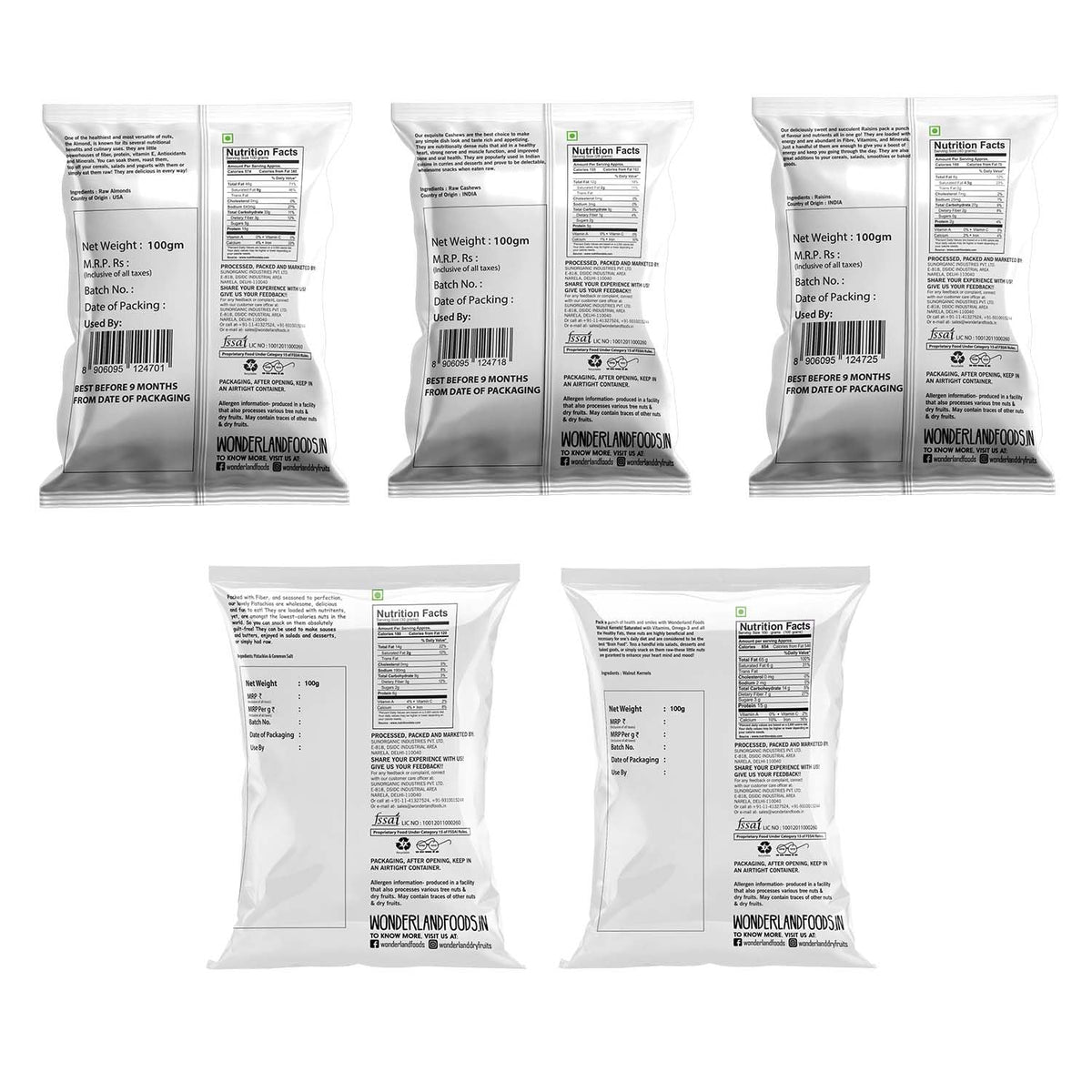 Wonderland foods 500g (100g x 5) dry fruits combo of pistachios, almond, cashew, golden raisins & walnut kernel 100g each