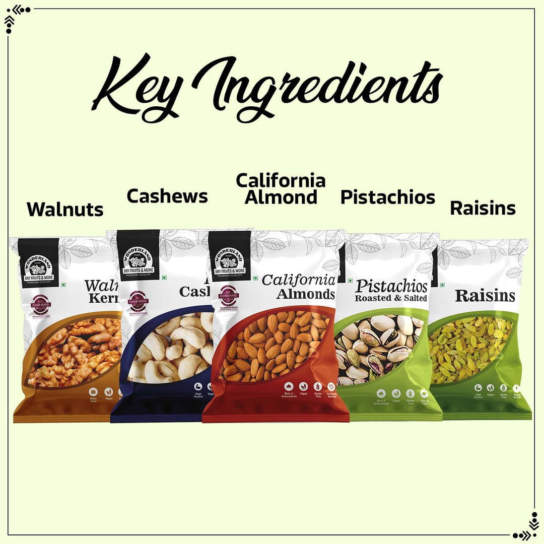 Wonderland Foods 500g (100g X 5) Dry Fruits Combo of Pistachios, Almond, Cashew, Golden Raisins & Walnut Kernel 100g Each