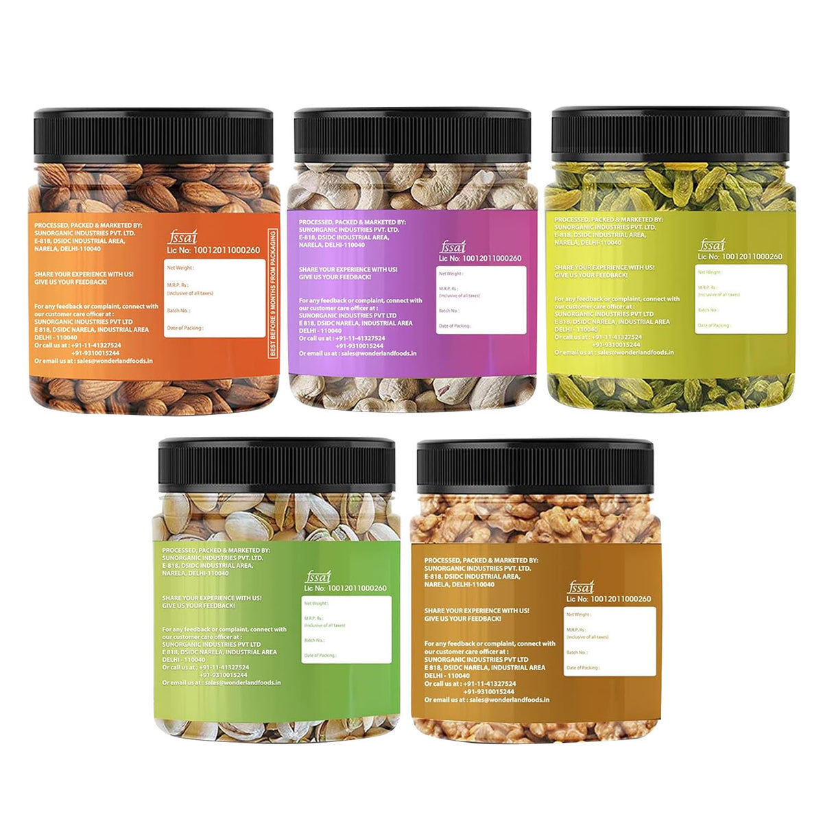 Wonderland foods 1kg (200g x 5) premium dry fruits combo np almonds, cashews w320, long green raisin, pistacho & walnut jar