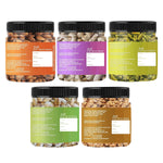 Load image into Gallery viewer, Wonderland Foods 1Kg (200g X 5) Premium Dry Fruits Combo NP Almonds, Cashews W320, Long Green Raisin, Pistacho &amp; Walnut Jar

