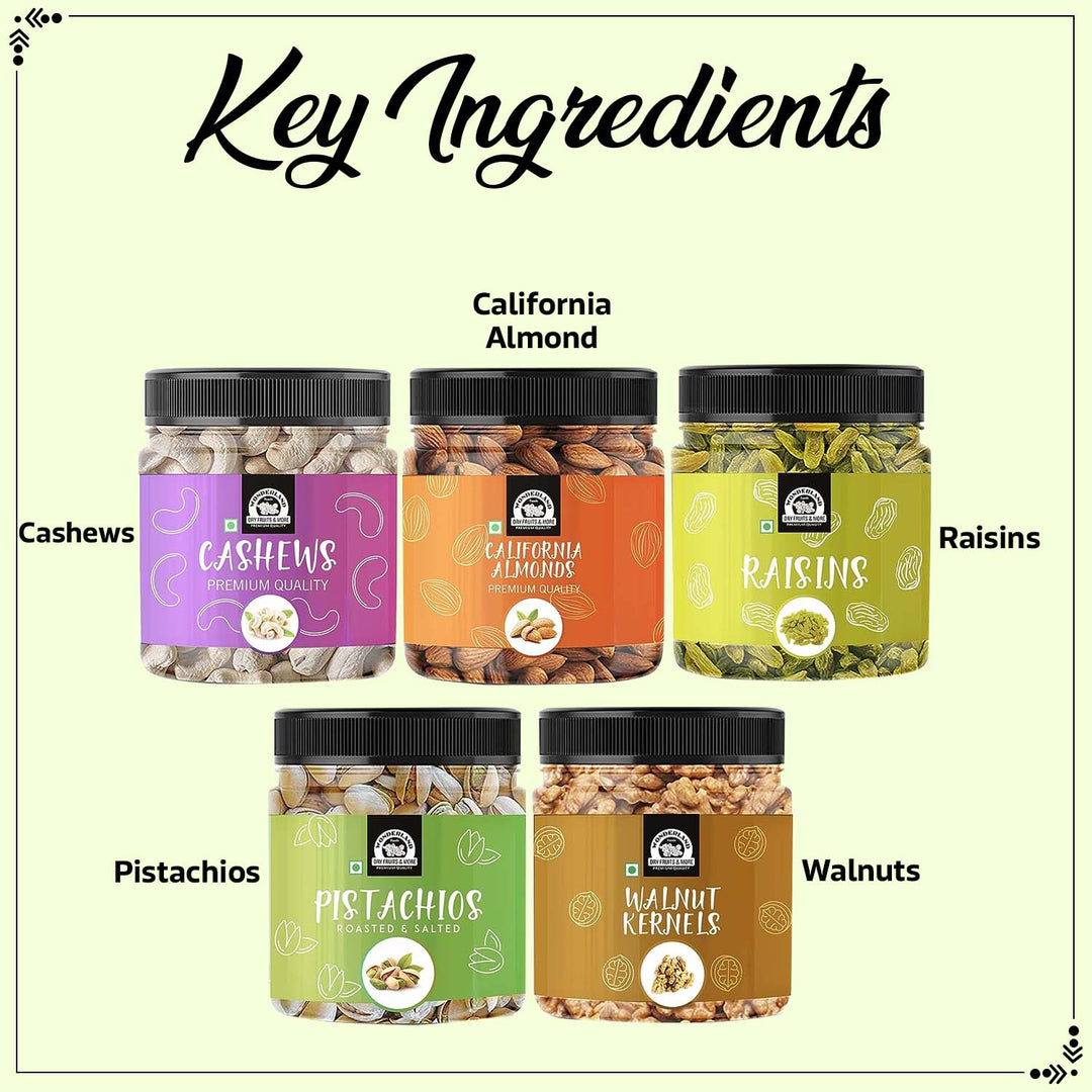 Wonderland Foods 1Kg (200g X 5) Premium Dry Fruits Combo NP Almonds, Cashews W320, Long Green Raisin, Pistacho & Walnut Jar