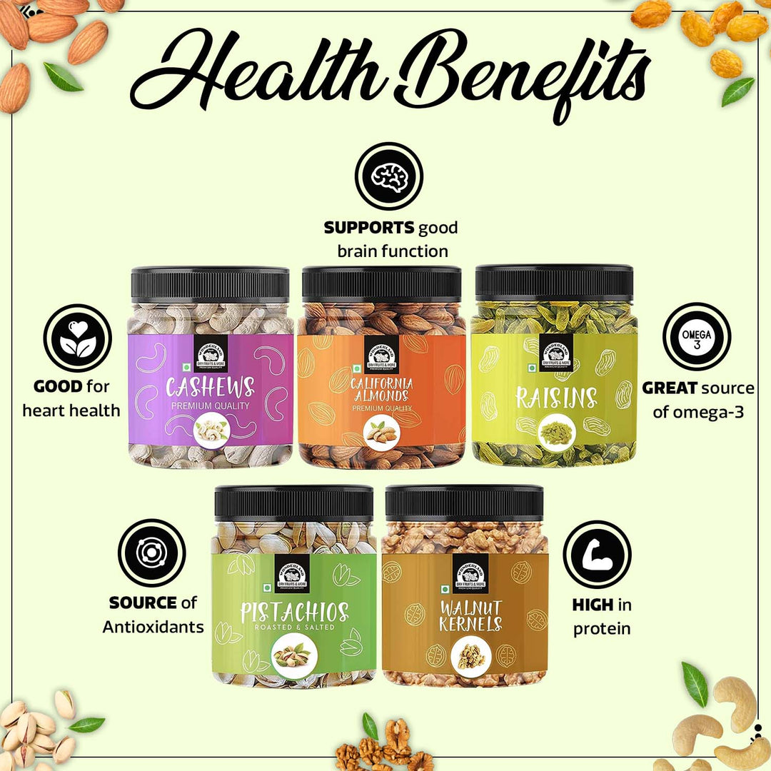 Wonderland Foods 1Kg (200g X 5) Premium Dry Fruits Combo NP Almonds, Cashews W320, Long Green Raisin, Pistacho & Walnut Jar