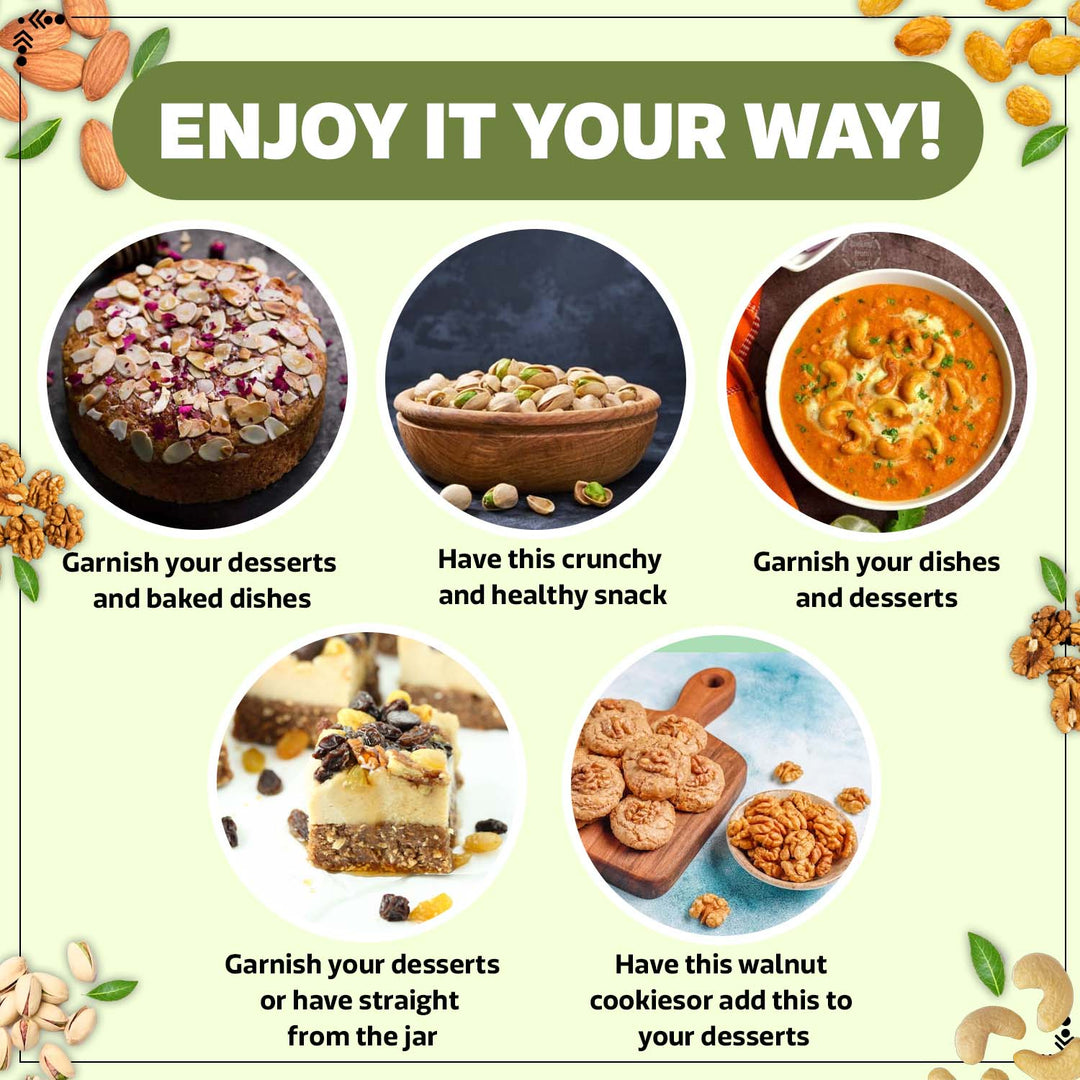 Wonderland Foods 1Kg (200g X 5) Premium Dry Fruits Combo NP Almonds, Cashews W320, Long Green Raisin, Pistacho & Walnut Jar