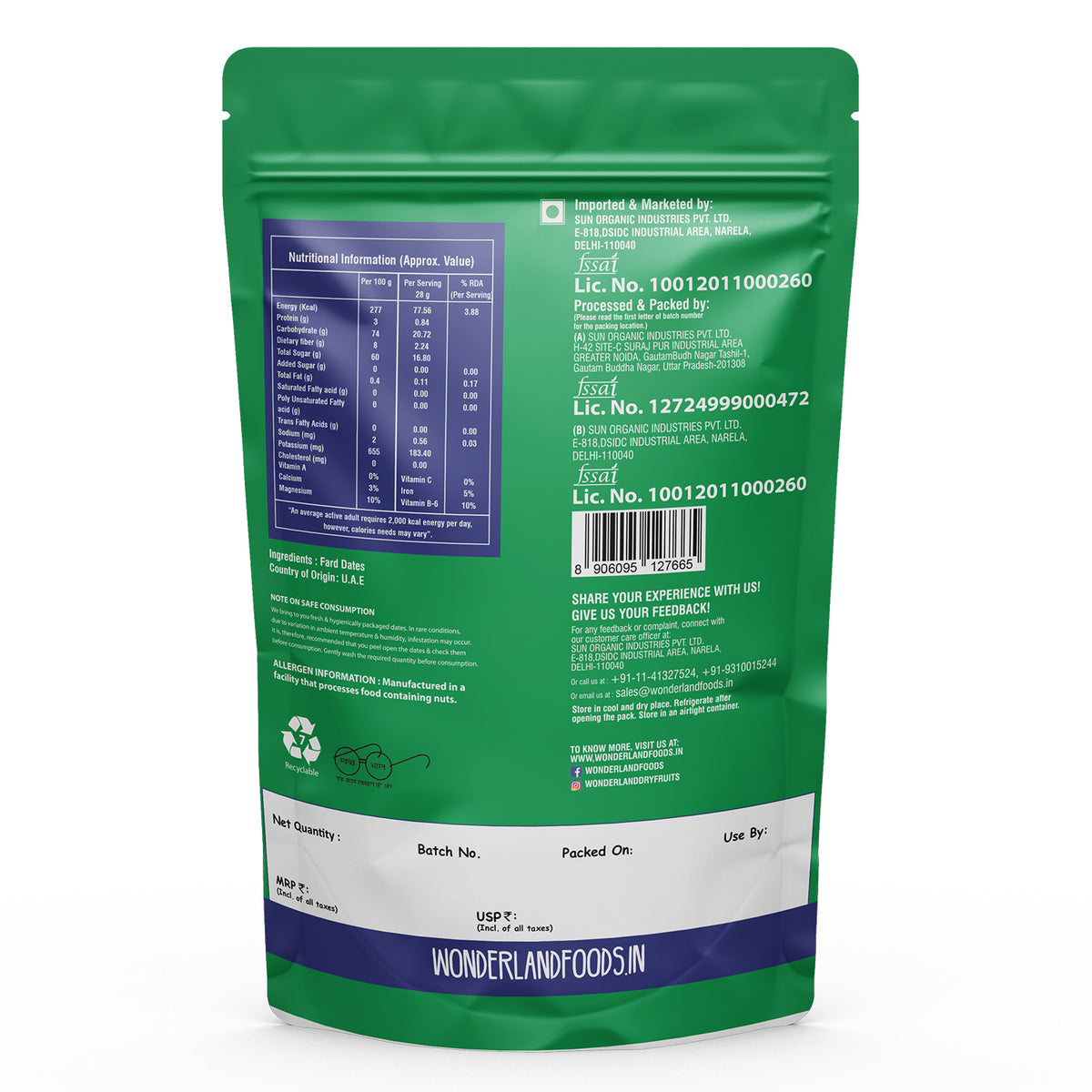 Wonderland foods 500g premium fard dates pouch