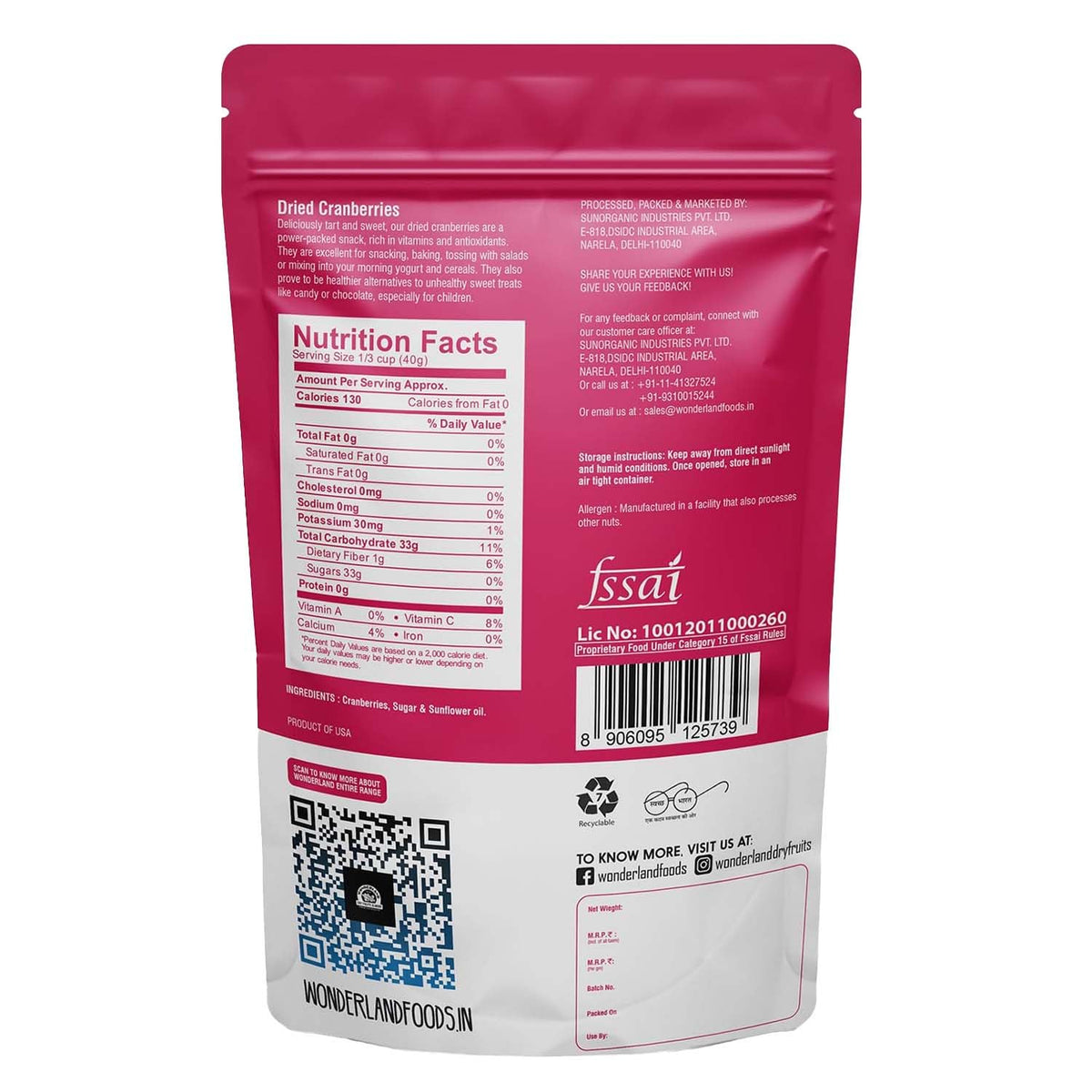 Wonderland foods 200g grandeur premium cranberries pouch