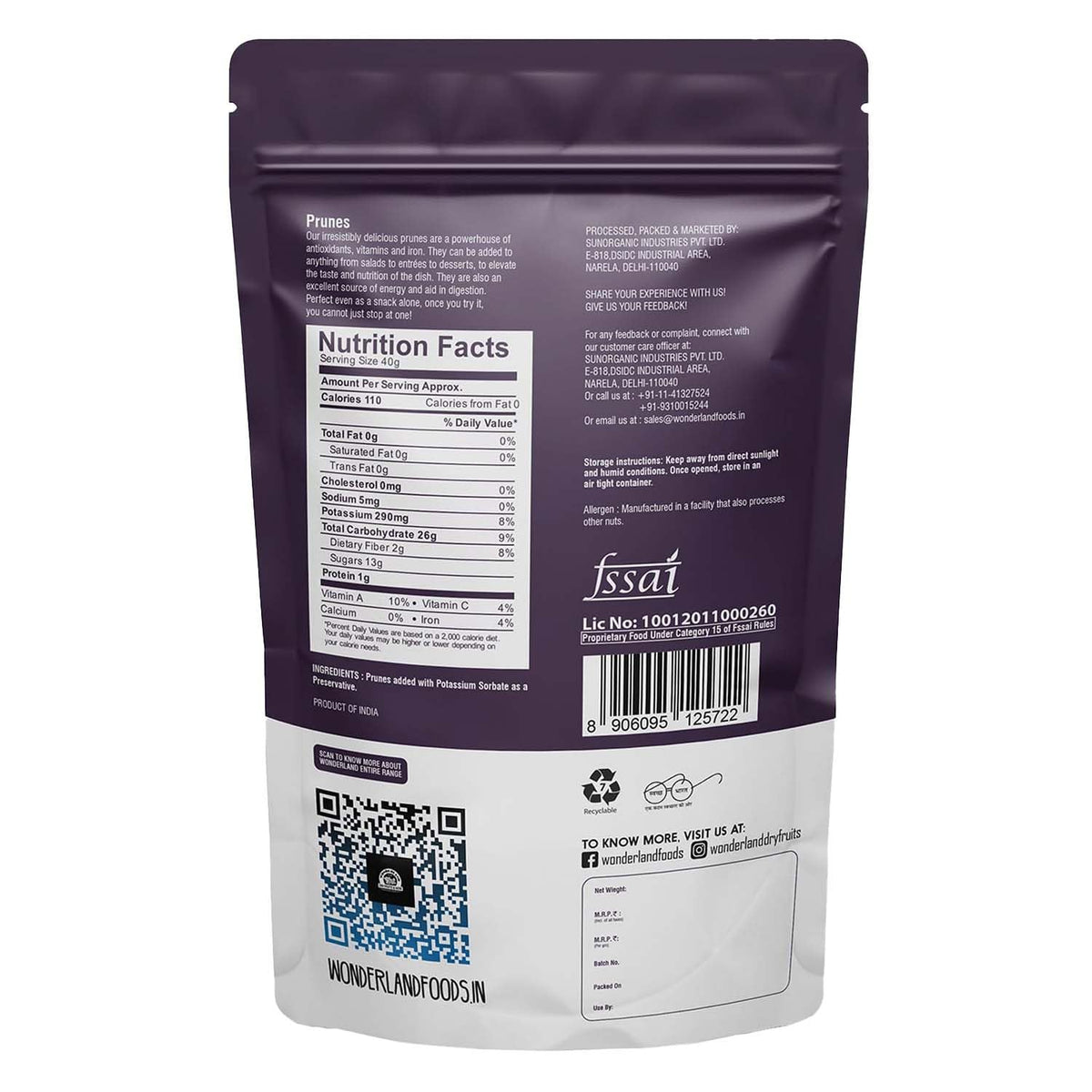 Wonderland foods 200g grandeur premium pitted prunes pouch