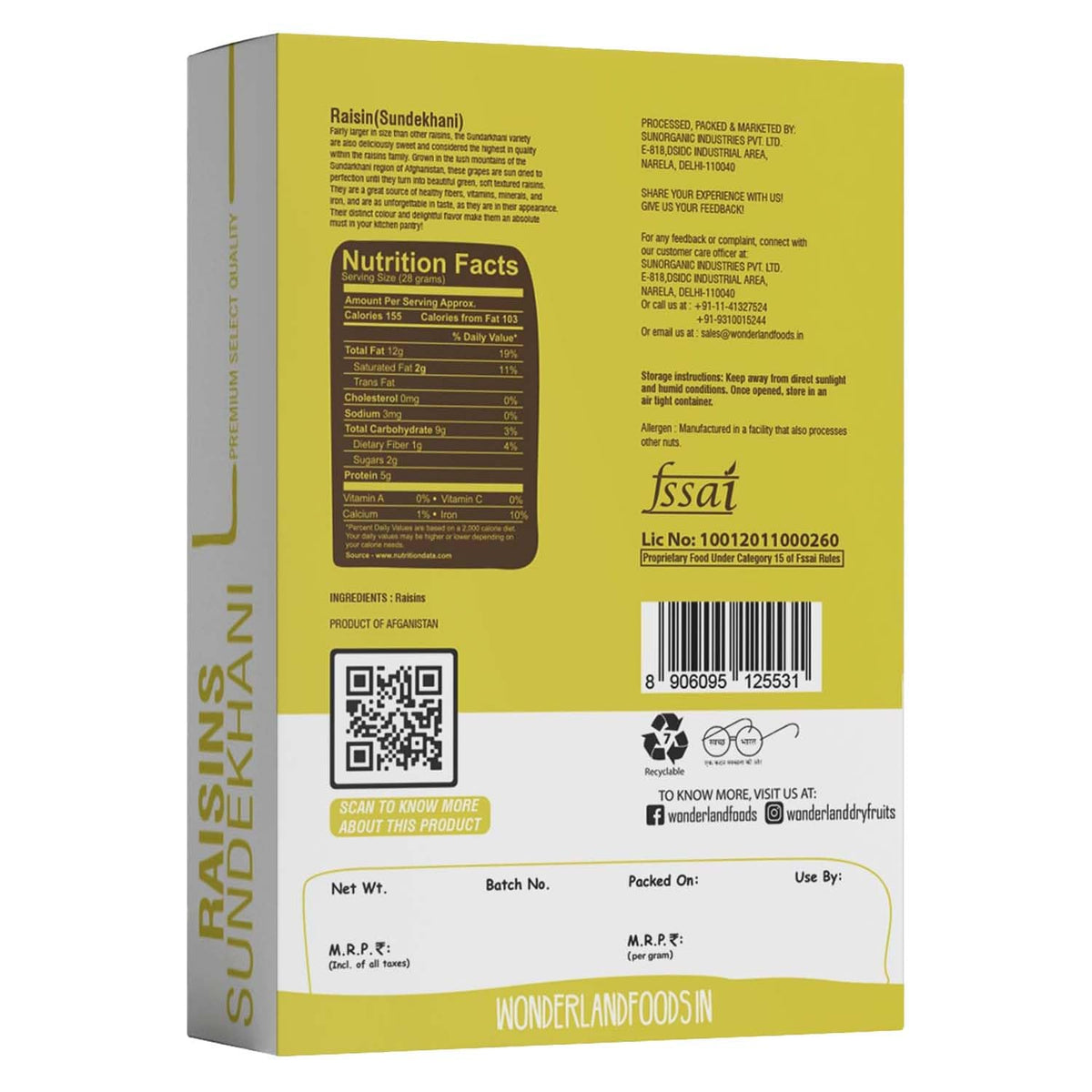 Wonderland foods 500g grandeur premium sundekhani raisins box