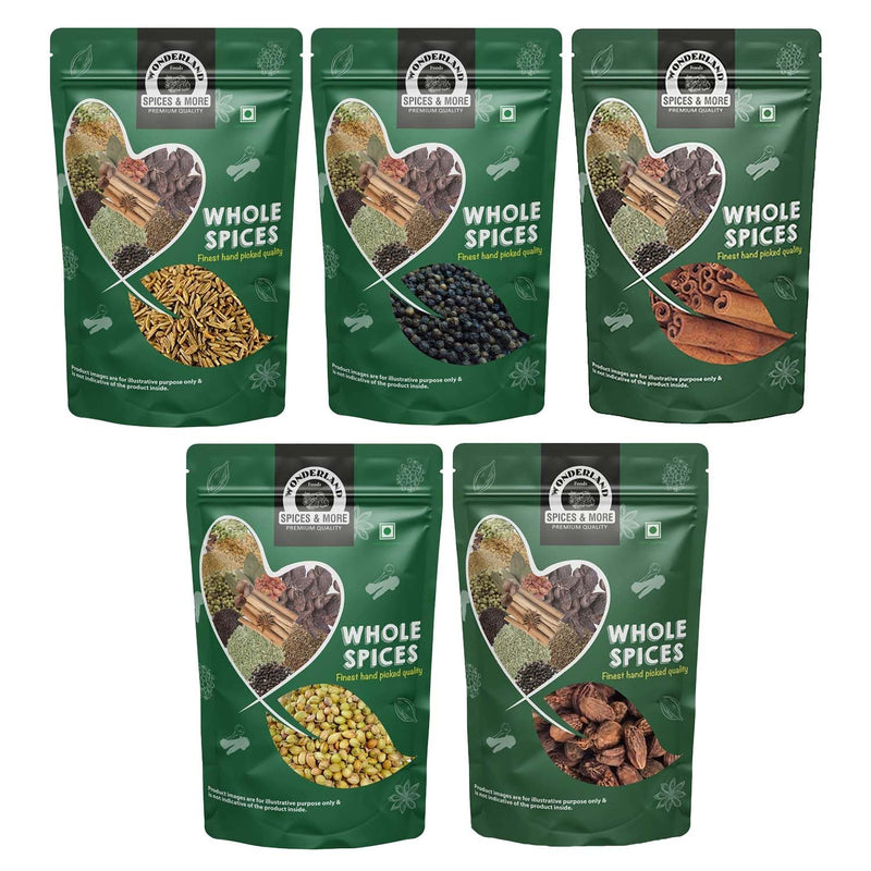 Wonderland Foods 500g (100g X 5) Whole Spices Premium Combo of Cumin, Black Pepper, Cinnamon, Coriander & Black Cardamom Pouch