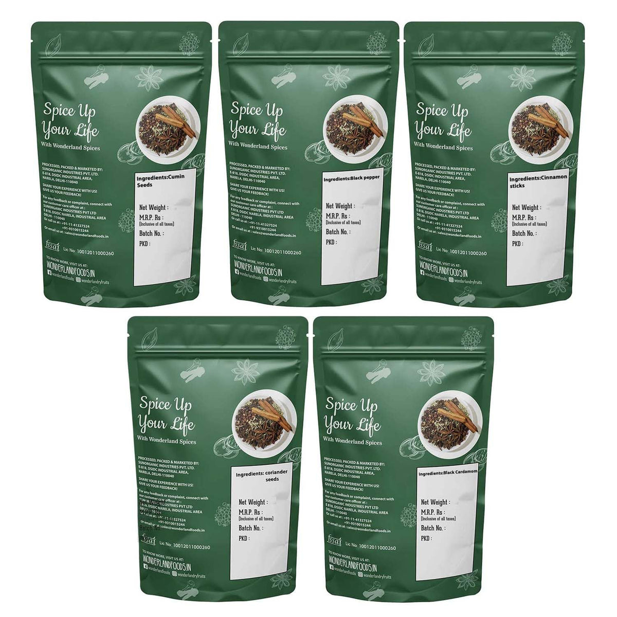 Wonderland foods 500g (100g x 5) whole spices premium combo of cumin, black pepper, cinnamon, coriander & black cardamom pouch