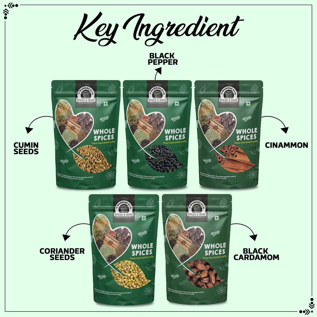 Wonderland Foods 500g (100g X 5) Whole Spices Premium Combo of Cumin, Black Pepper, Cinnamon, Coriander & Black Cardamom Pouch