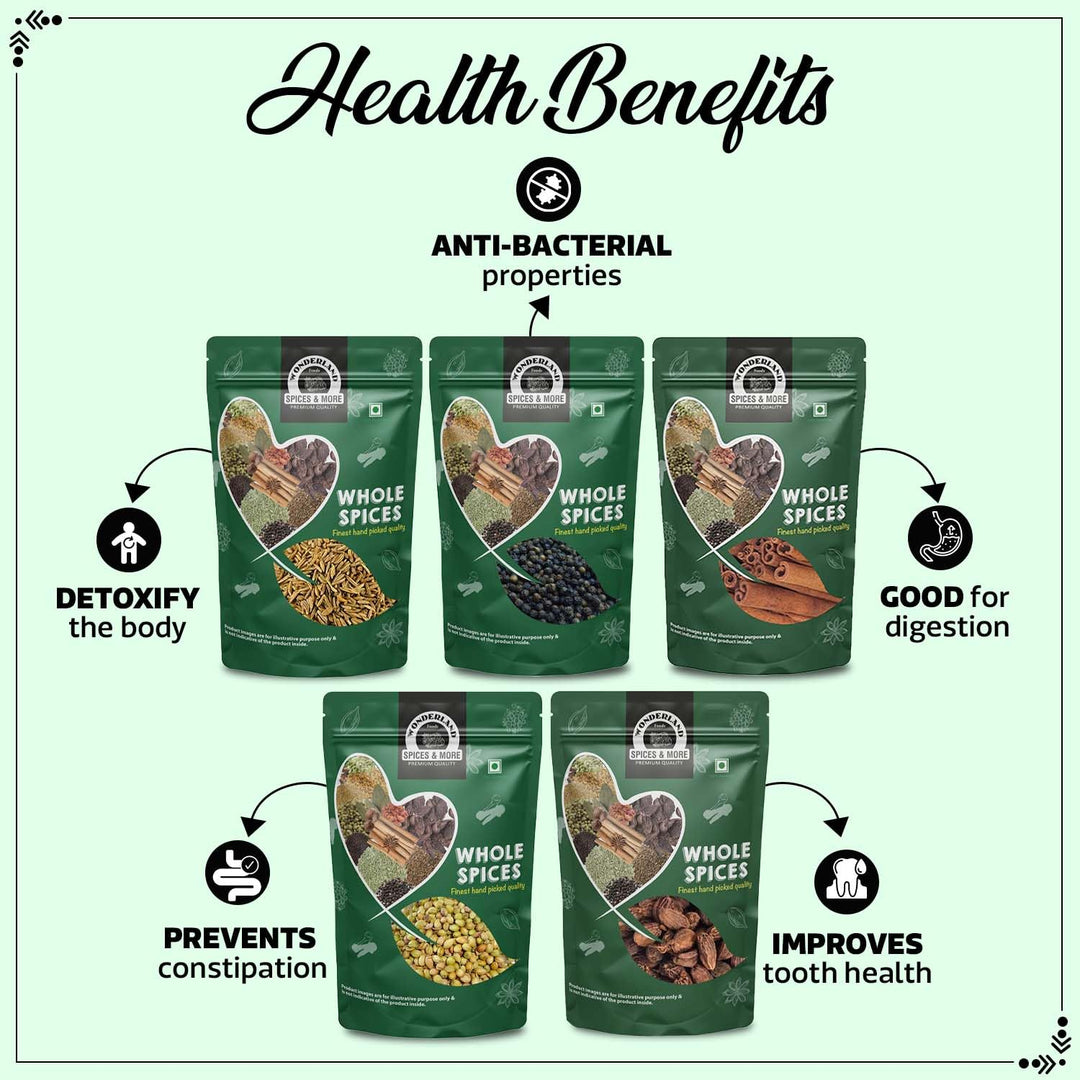 Wonderland Foods 500g (100g X 5) Whole Spices Premium Combo of Cumin, Black Pepper, Cinnamon, Coriander & Black Cardamom Pouch