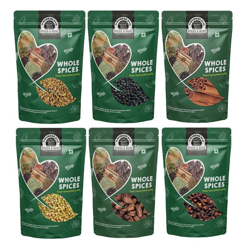 Wonderland Foods 600g (100g X 6) Whole Spices Premium Combo of Cumin, Black Pepper, Cinnamon, Coriander, Black Cardamom & Cloves Pouch