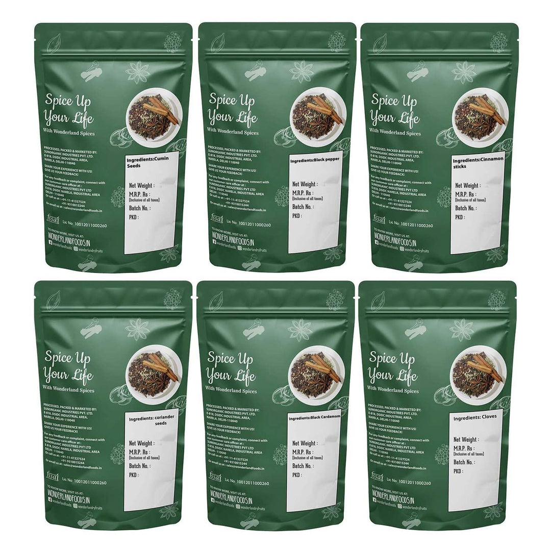 Wonderland Foods 600g (100g X 6) Whole Spices Premium Combo of Cumin, Black Pepper, Cinnamon, Coriander, Black Cardamom & Cloves Pouch