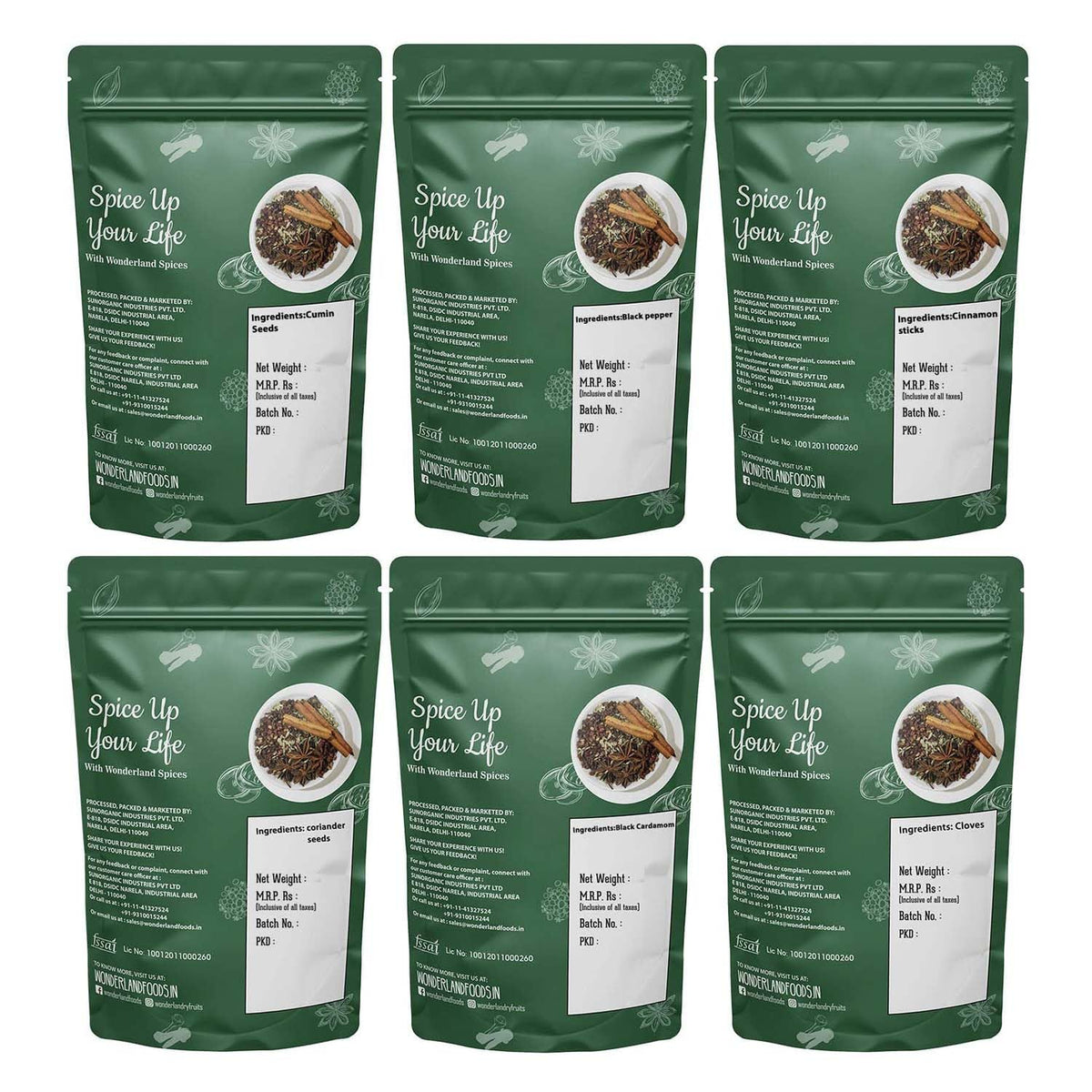 Wonderland foods 600g (100g x 6) whole spices premium combo of cumin, black pepper, cinnamon, coriander, black cardamom & cloves pouch