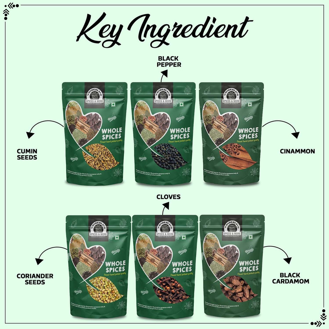 Wonderland Foods 600g (100g X 6) Whole Spices Premium Combo of Cumin, Black Pepper, Cinnamon, Coriander, Black Cardamom & Cloves Pouch