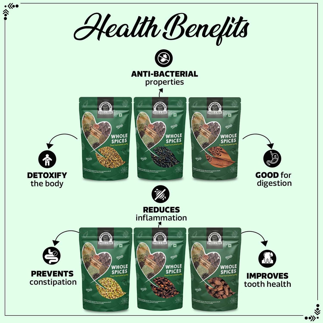 Wonderland Foods 600g (100g X 6) Whole Spices Premium Combo of Cumin, Black Pepper, Cinnamon, Coriander, Black Cardamom & Cloves Pouch