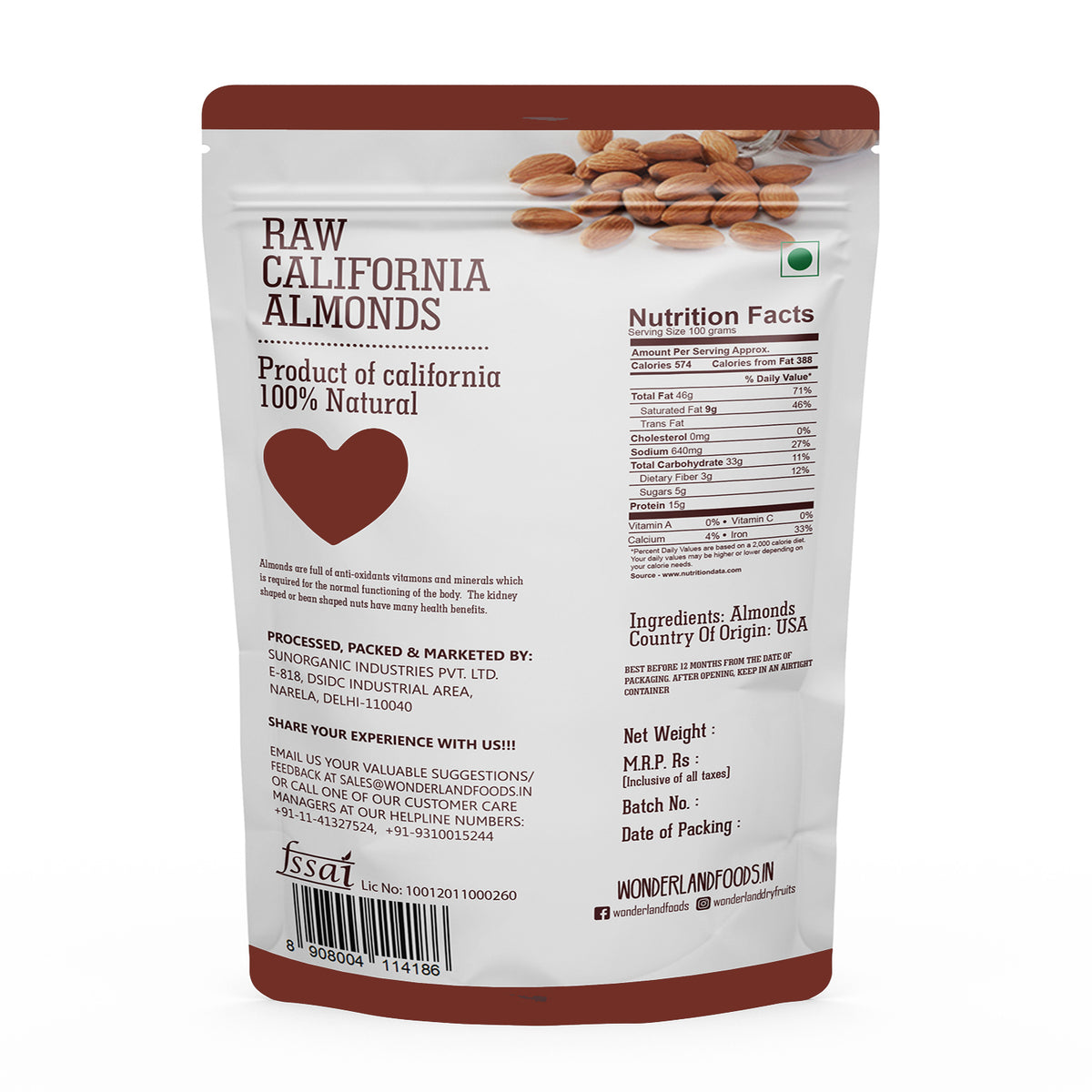 Wonderland foods 1kg premium california almonds pouch